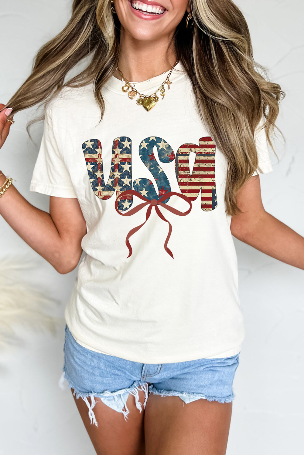 White usa Bow Letter Graphic Independence Day Fashion Tee - loveforevers