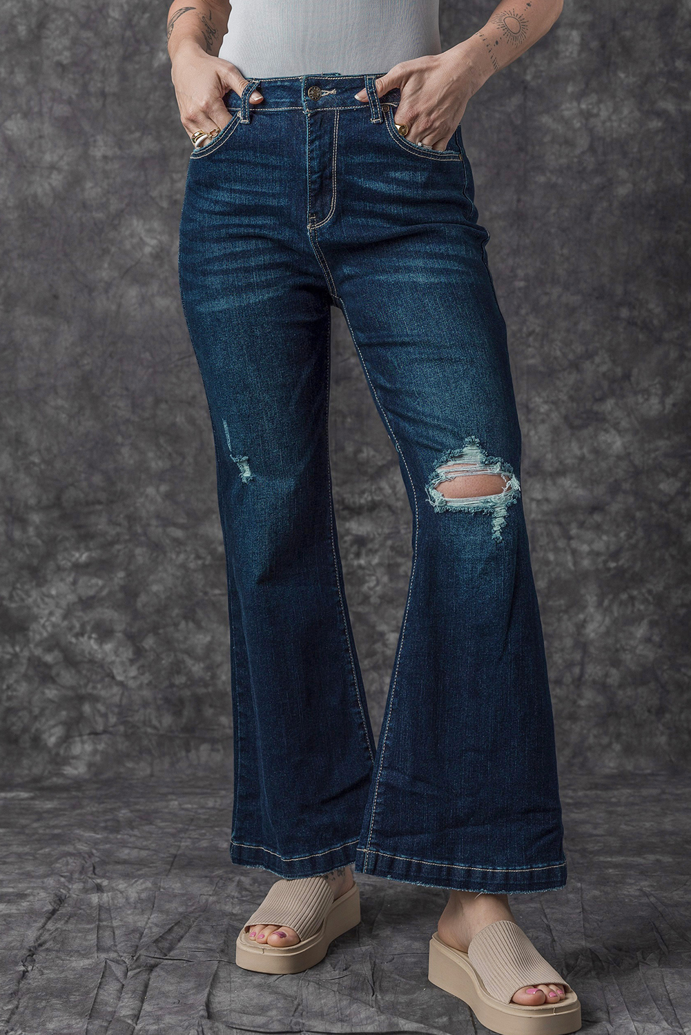 Real Teal High Rise Ripped Bell Bottom Jeans - loveforevers