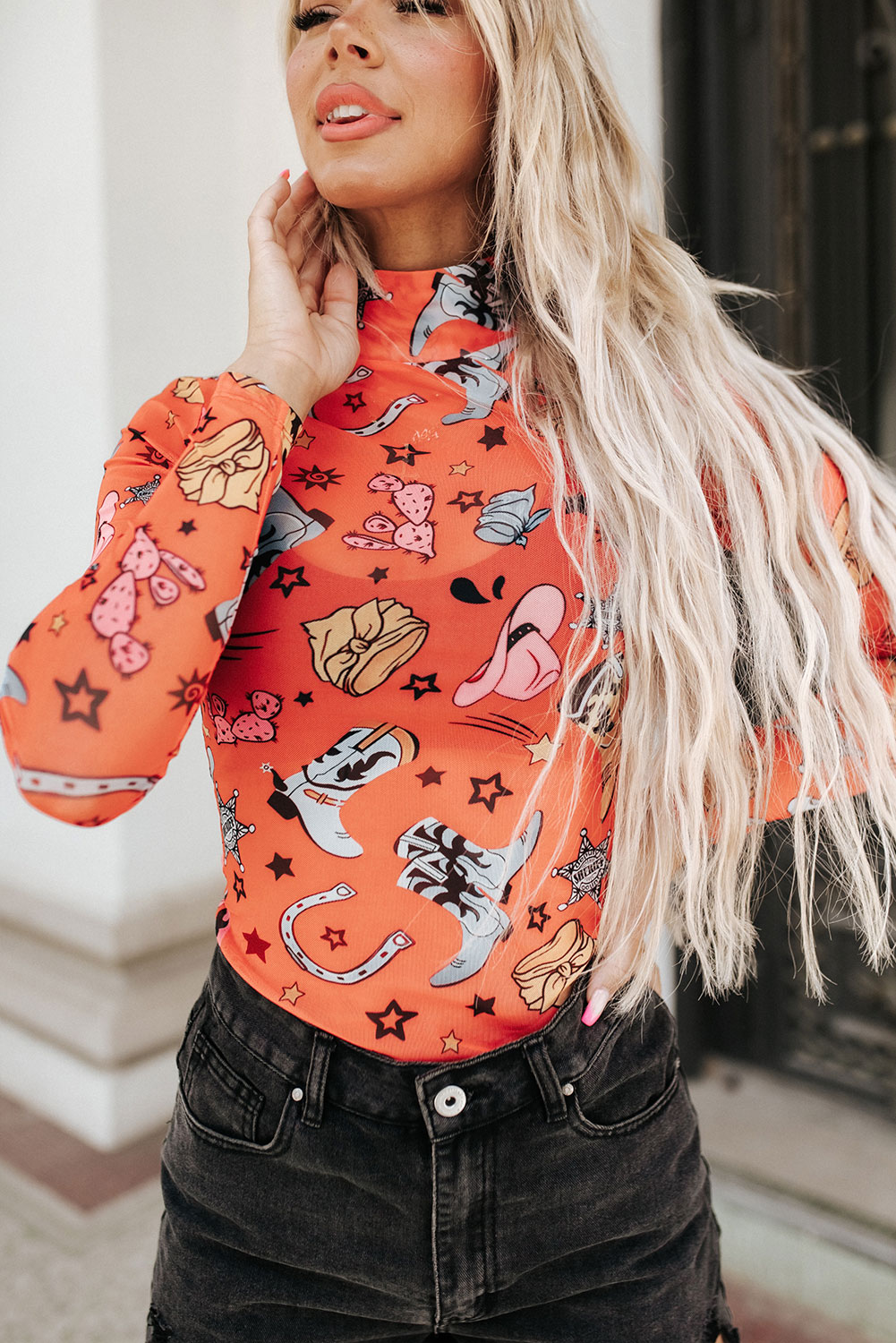 White Rodeo Bound Printed Long Sleeve Bodysuit - loveforevers