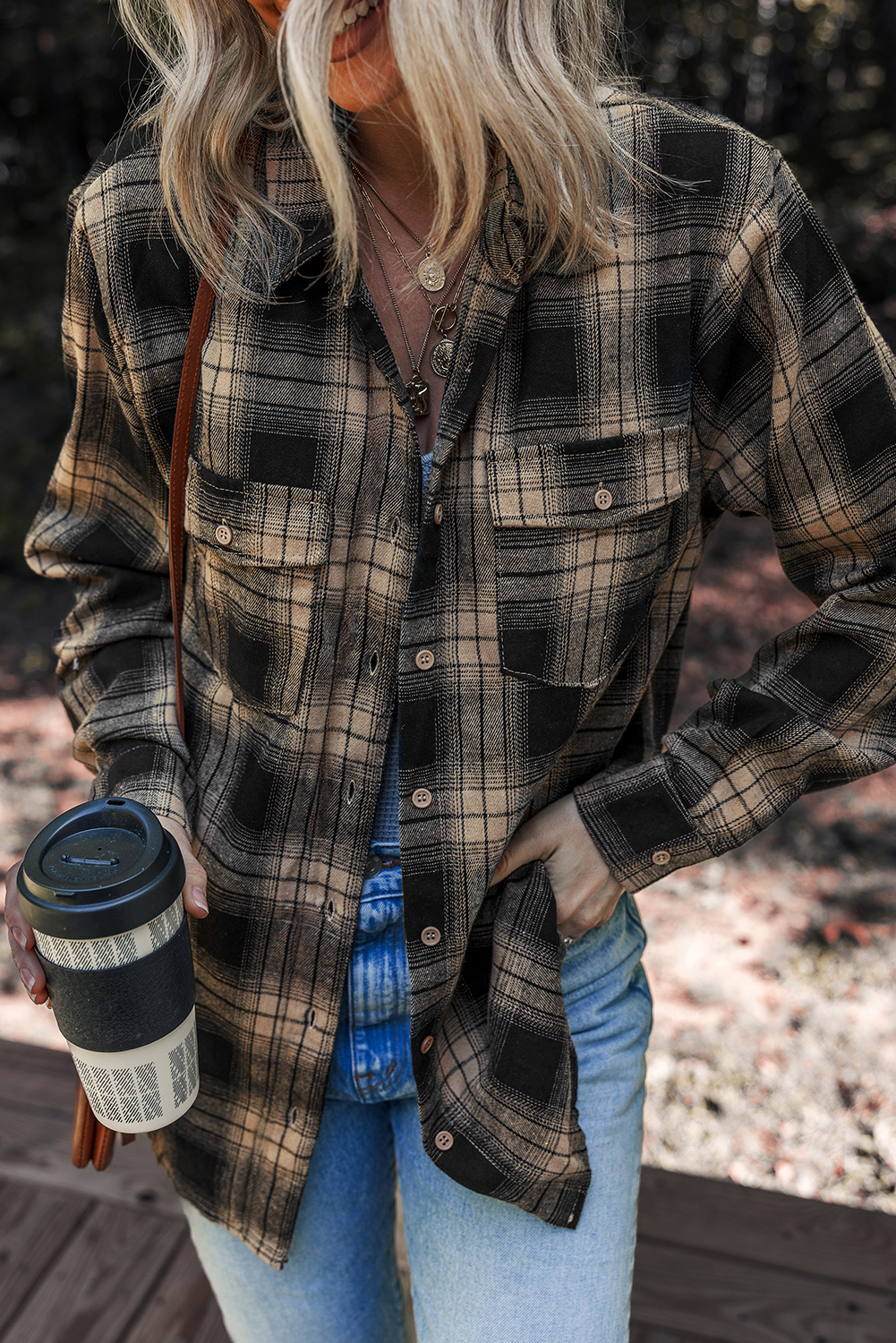 Multicolour Retro Plaid Double Flap Pocket Brushed Shacket - loveforevers
