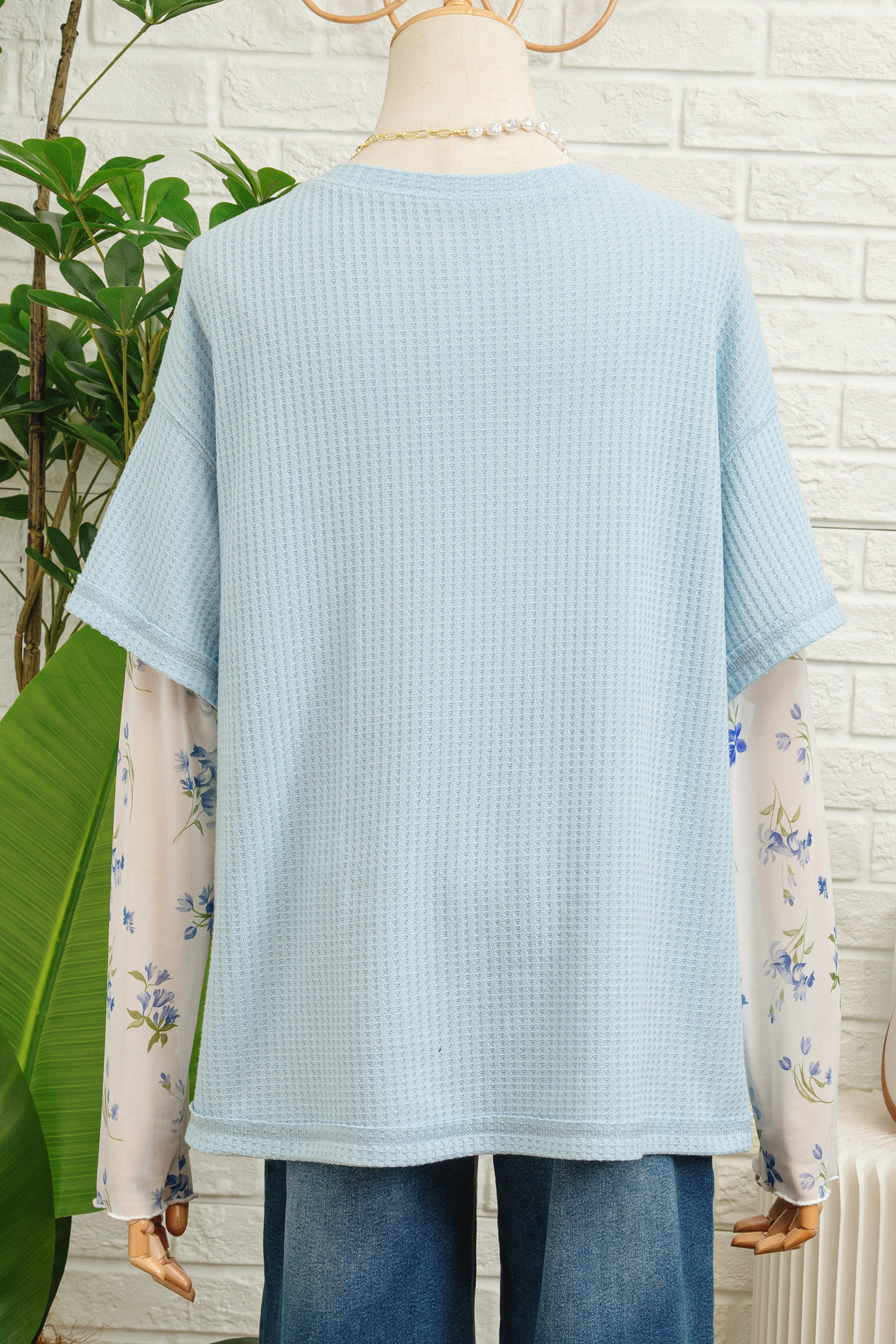 Beau Blue Floral Lace Sleeve Patchwork Waffle Fake Two-piece Top - loveforevers
