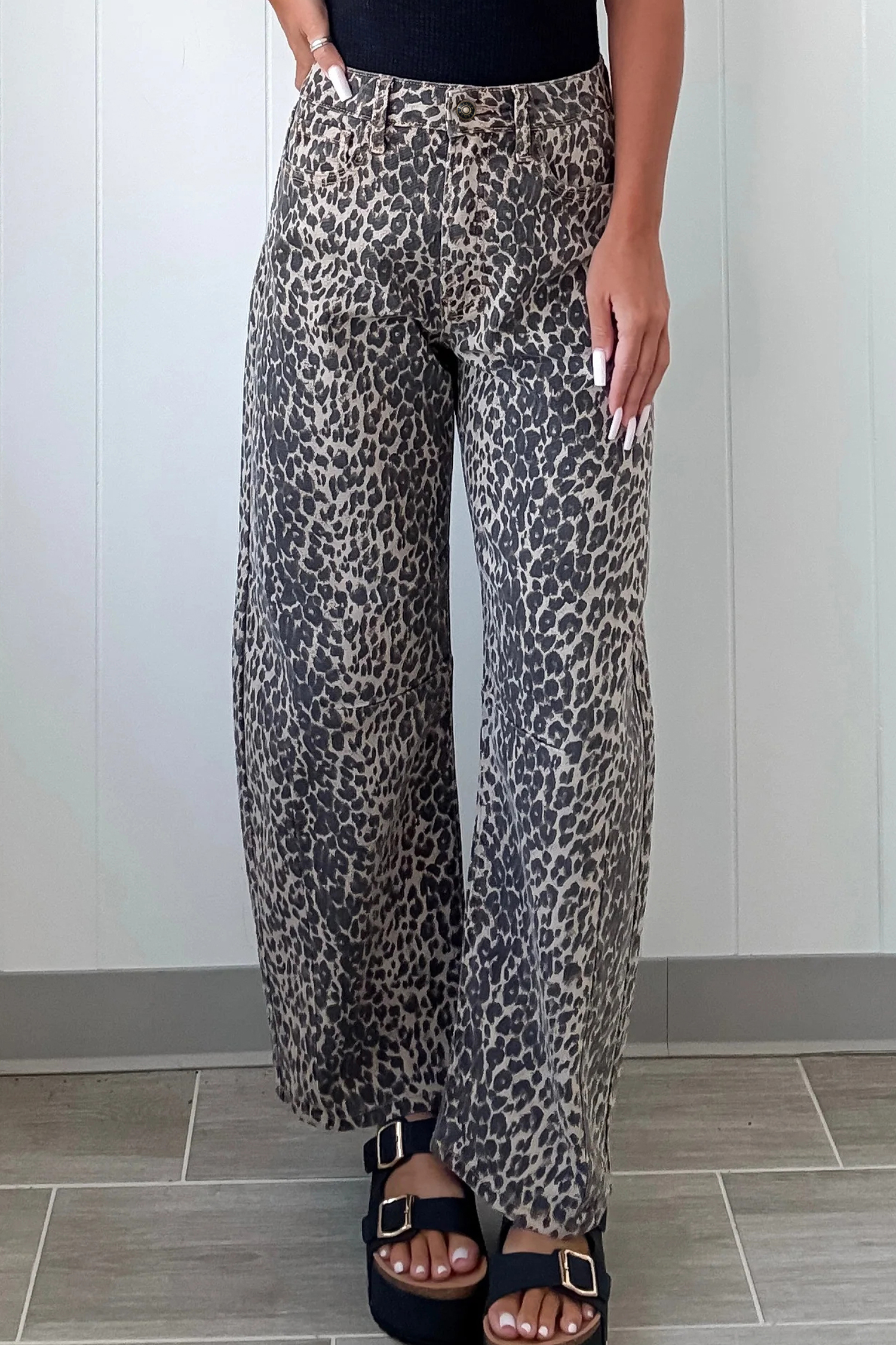 Black Leopard Print High Waist Barrel Jeans - loveforevers