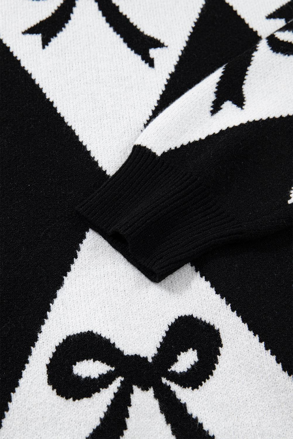 Black Bow Print 2-tone Rhombus Knit Loose Sweater - loveforevers