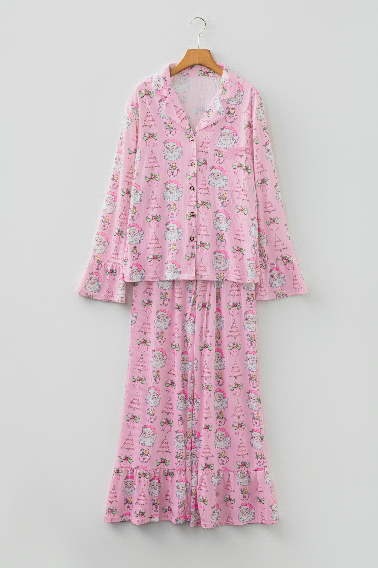 Pink Christmas Print Ruffled Ribbed Shirt & Pants 2 Piece PJ Set - loveforevers