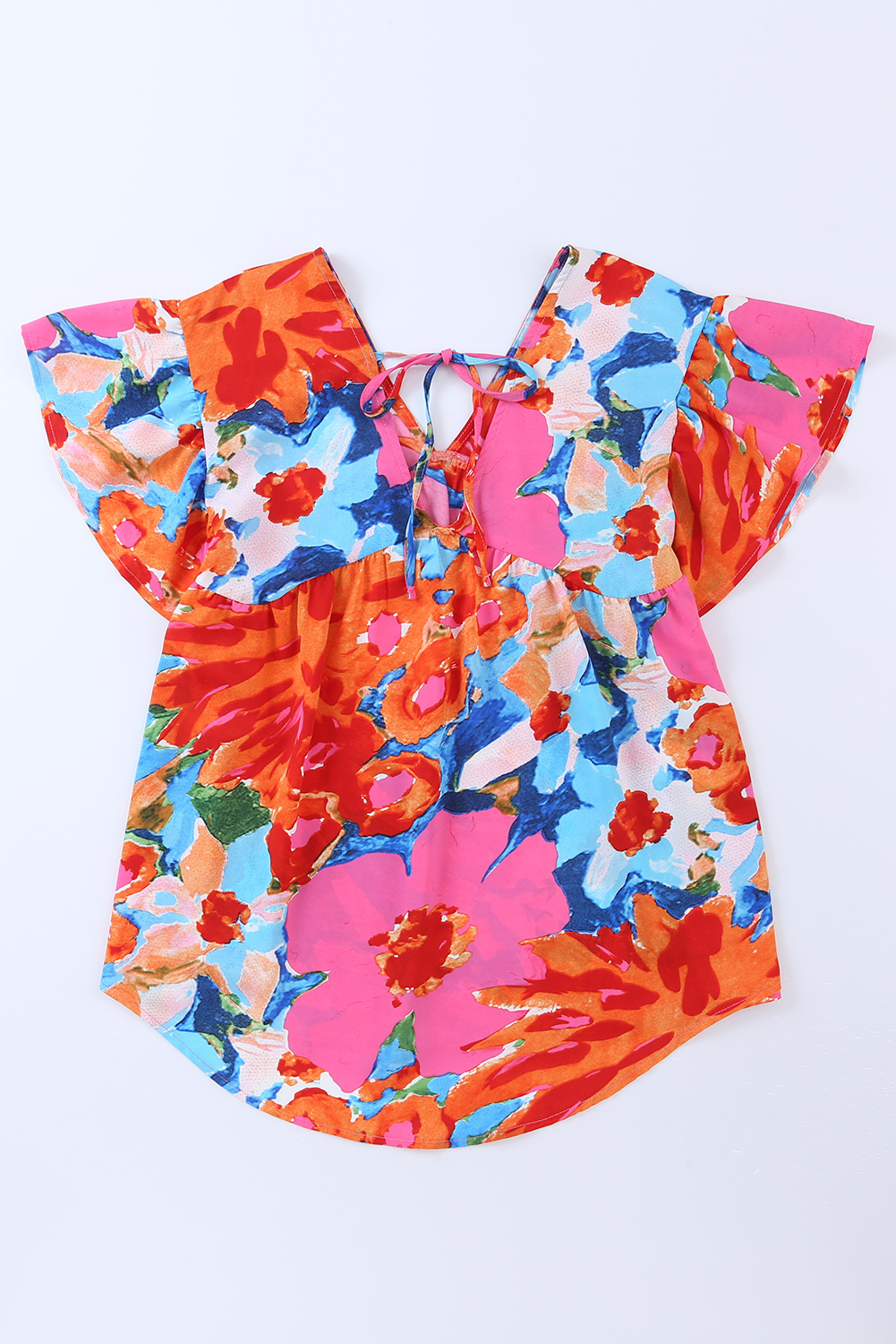 Pink Abstract Print V Neck Flutter Sleeve Blouse - loveforevers