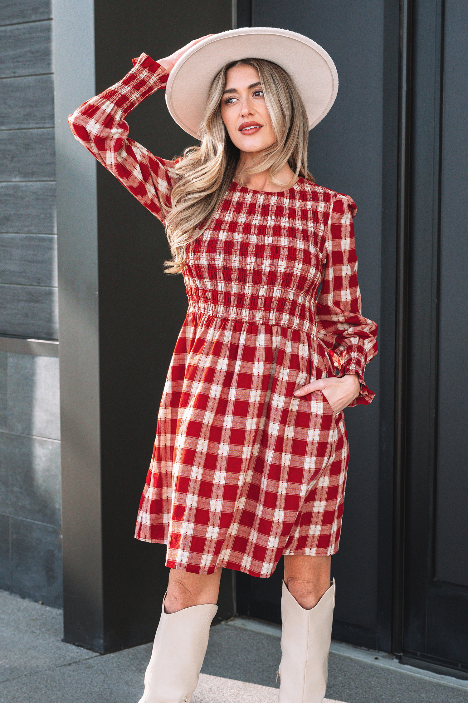 Red Plaid Print Smocked Puff Sleeve Mini Dress - loveforevers