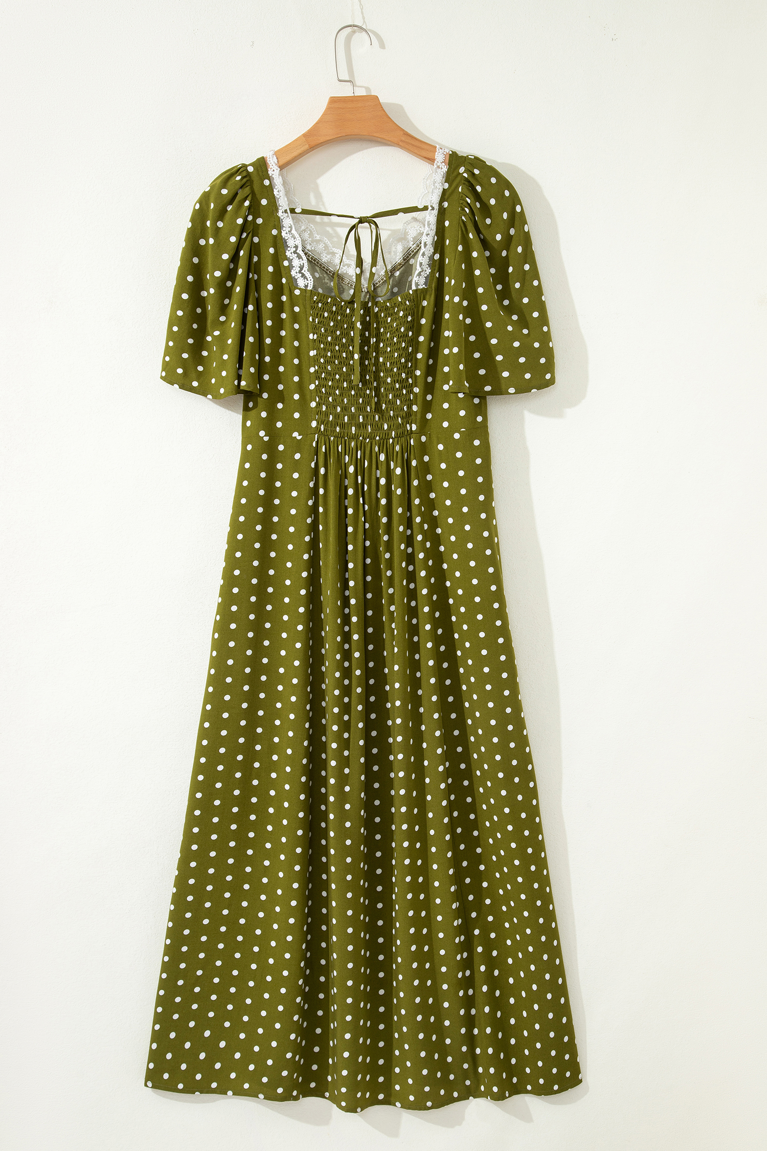 Green Polka Dot Print Lacy Neckline Smocked High Waist Maxi Dress - loveforevers