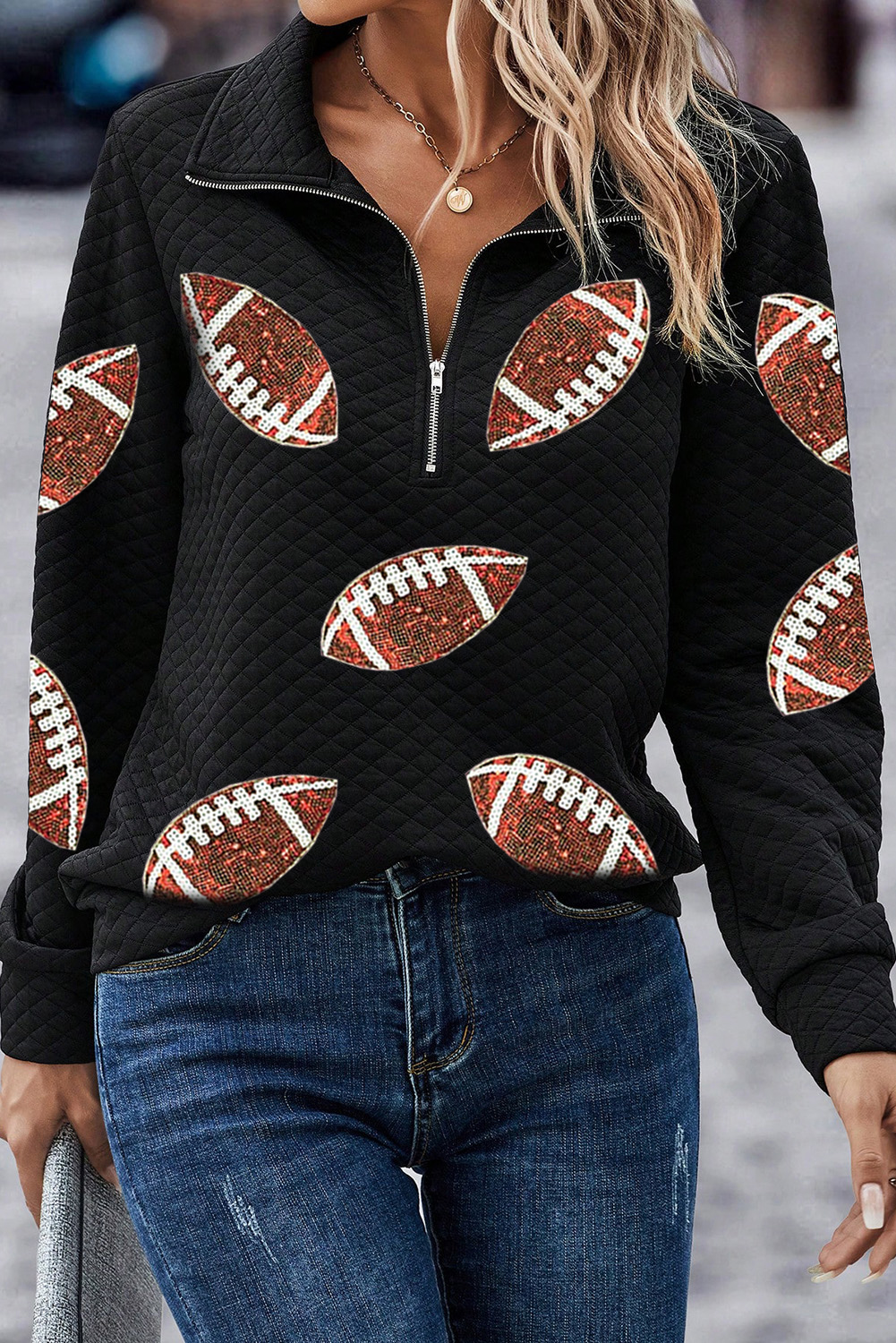 Black Sequin Rugby Football Patched Quarter Zip Textured Sweatshirt - loveforevers