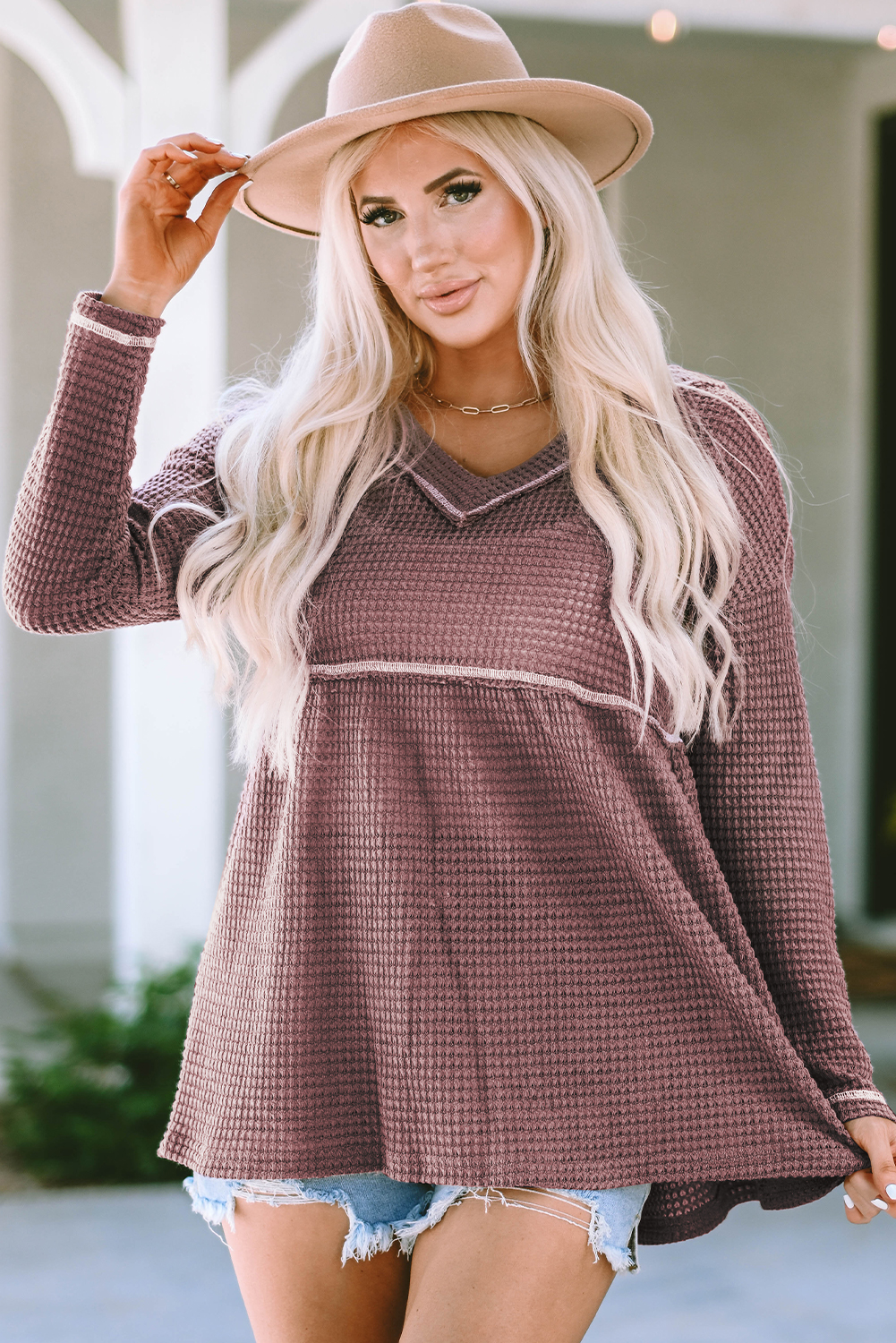 Pink Waffle Knit V Neck Long Sleeve Babydoll Top - loveforevers