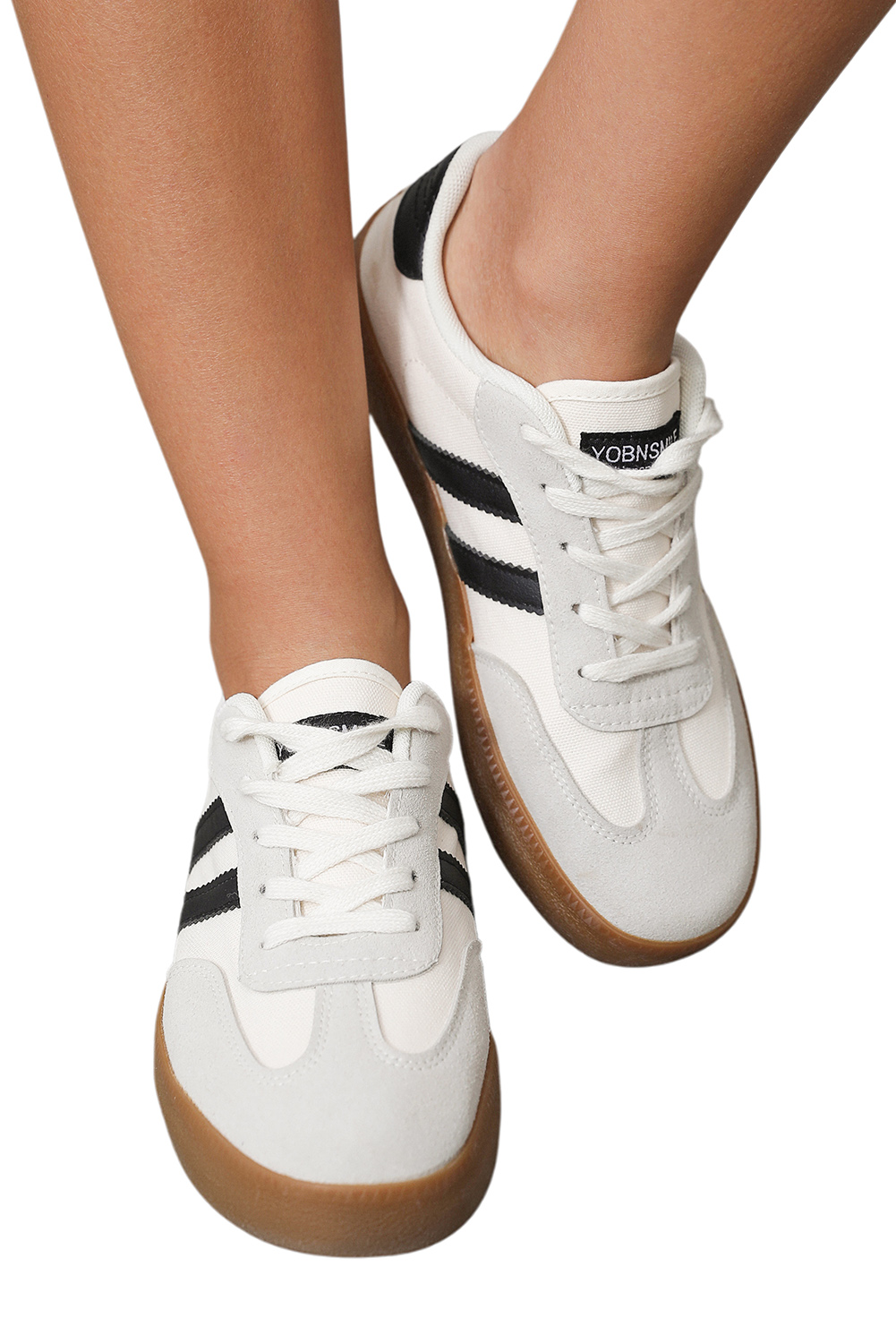 White Striped Lace-up Flat Sneakers - loveforevers