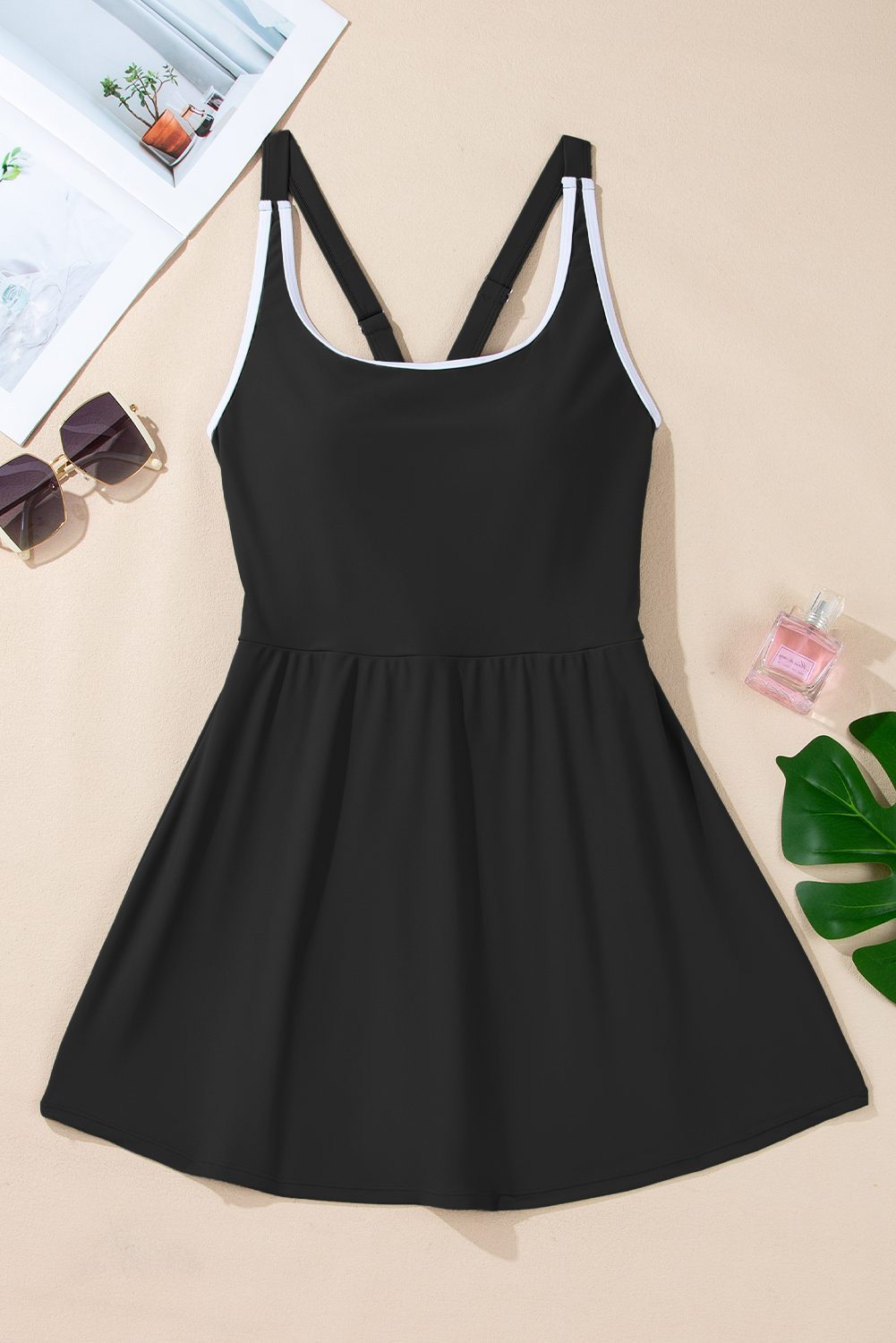 Bright Pink Contrast Edge Ruffled High Waist One Piece Swim Dress - loveforevers