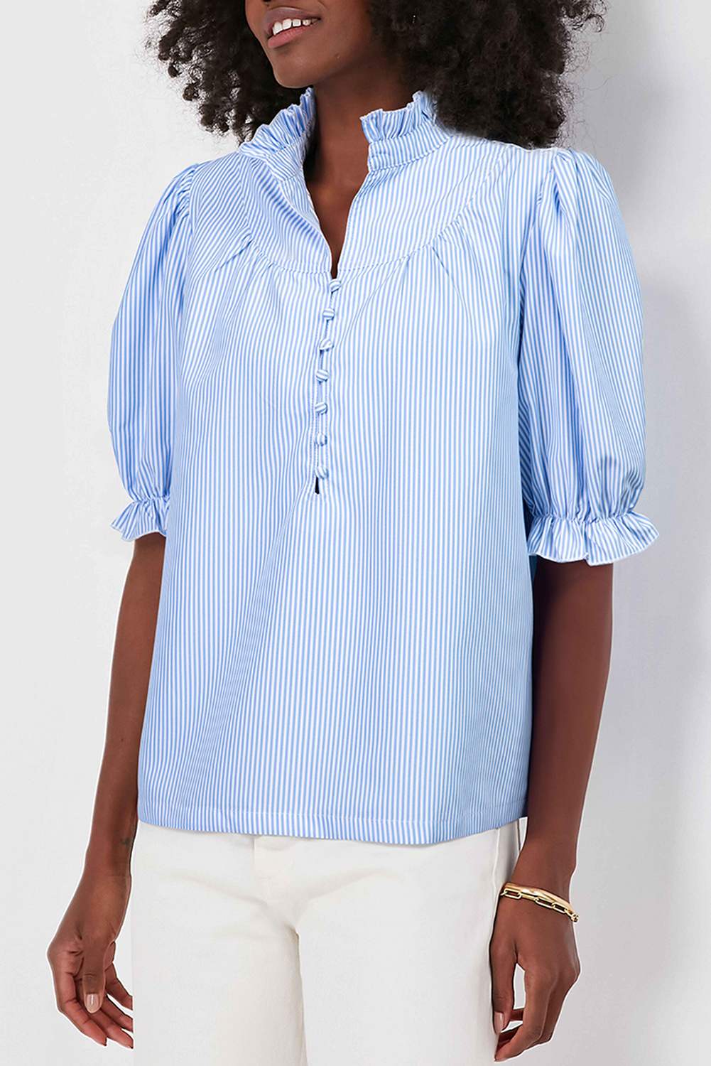 Sky Blue Stripe Ruffled Collar Puff Sleeve Half Buttons Blouse - loveforevers