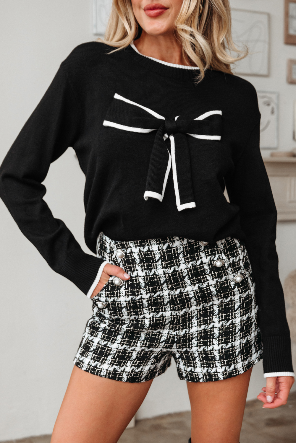 Black Contrast Trim Big Bow Accent Holiday Cropped Sweater - loveforevers