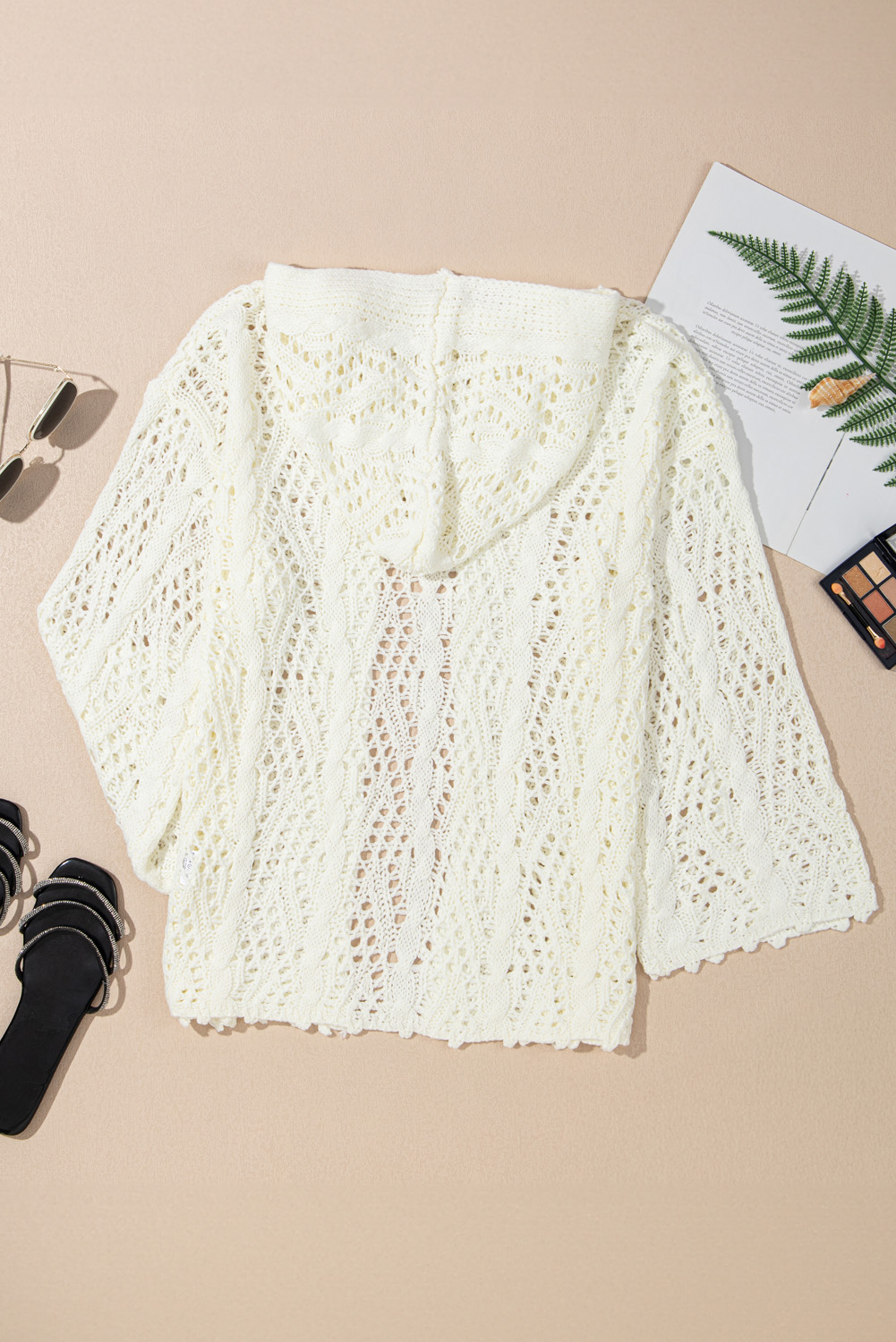 White Fashion Open Knit Hooded Beach Cover Up - loveforevers