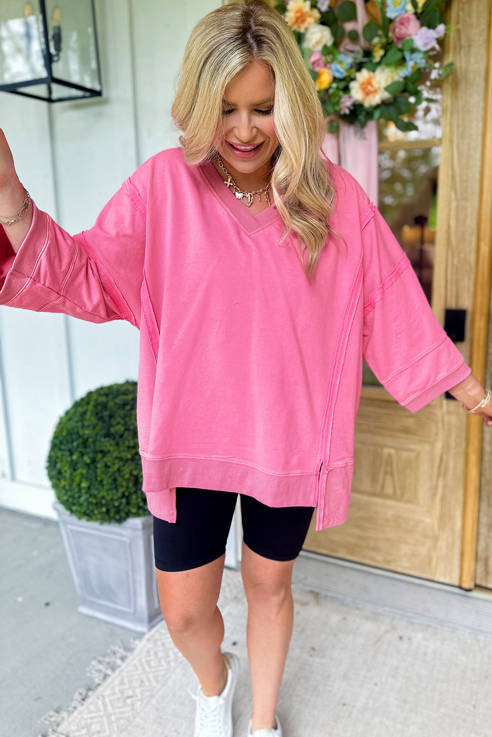 Bonbon Bracelet Sleeve Mineral Washed V Neck T Shirt - loveforevers