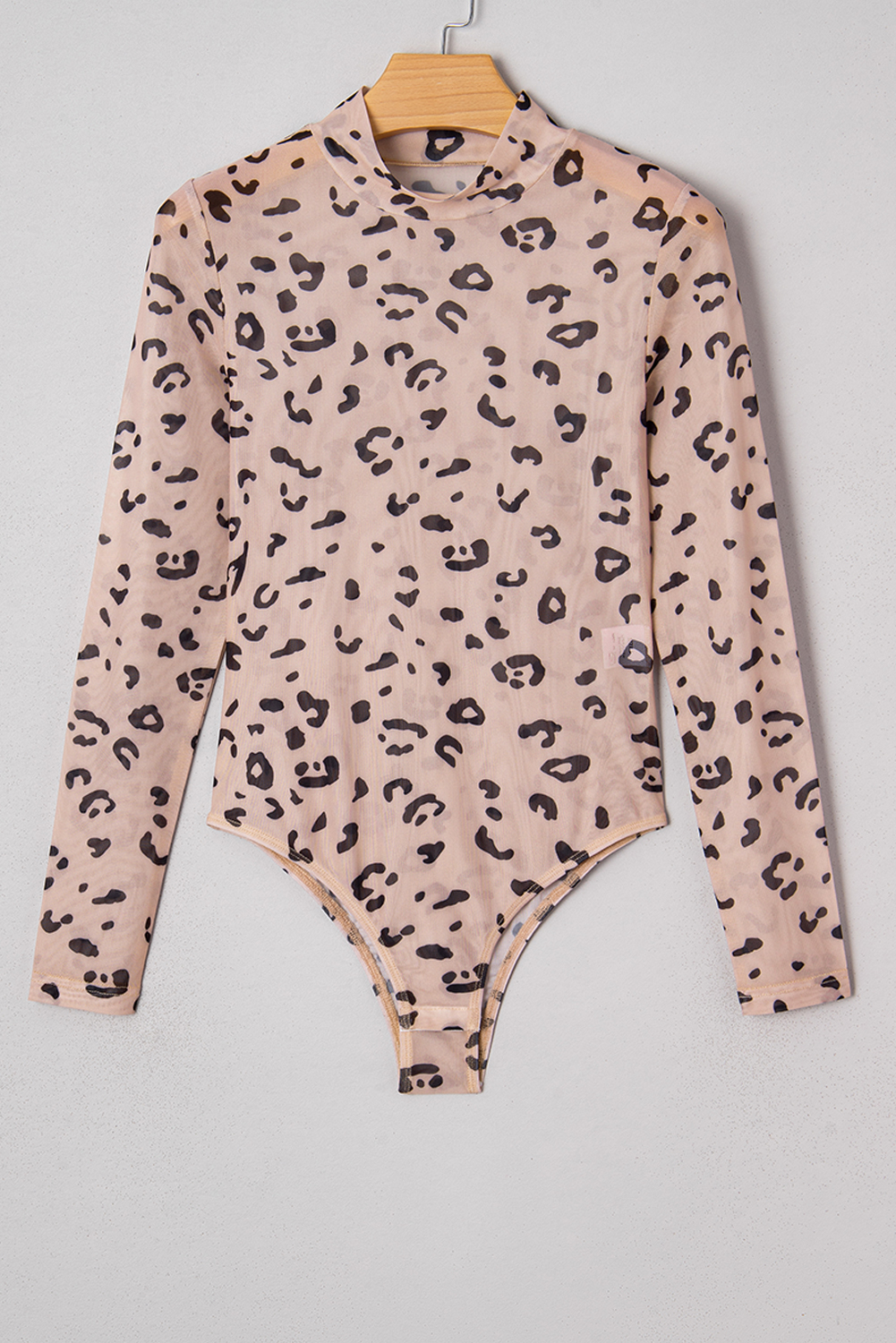Khaki Mock Neck Sheer Mesh Leopard Long Sleeve Bodysuit - loveforevers