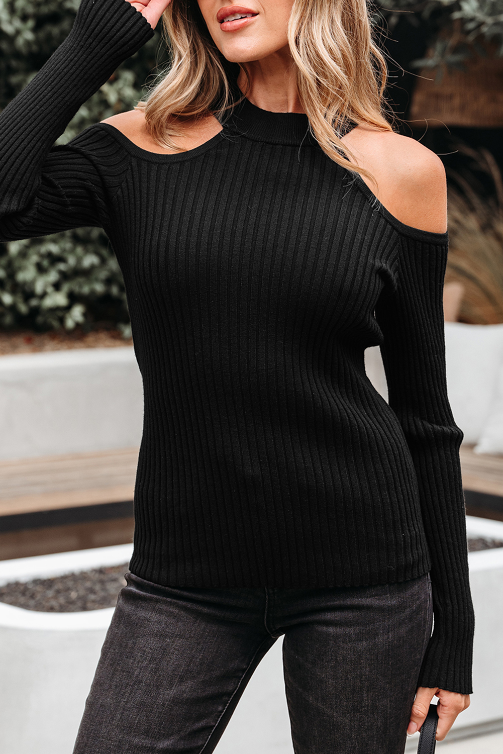 Black Ribbed Knit Cold Shoulder Choker Neck Sweater - loveforevers