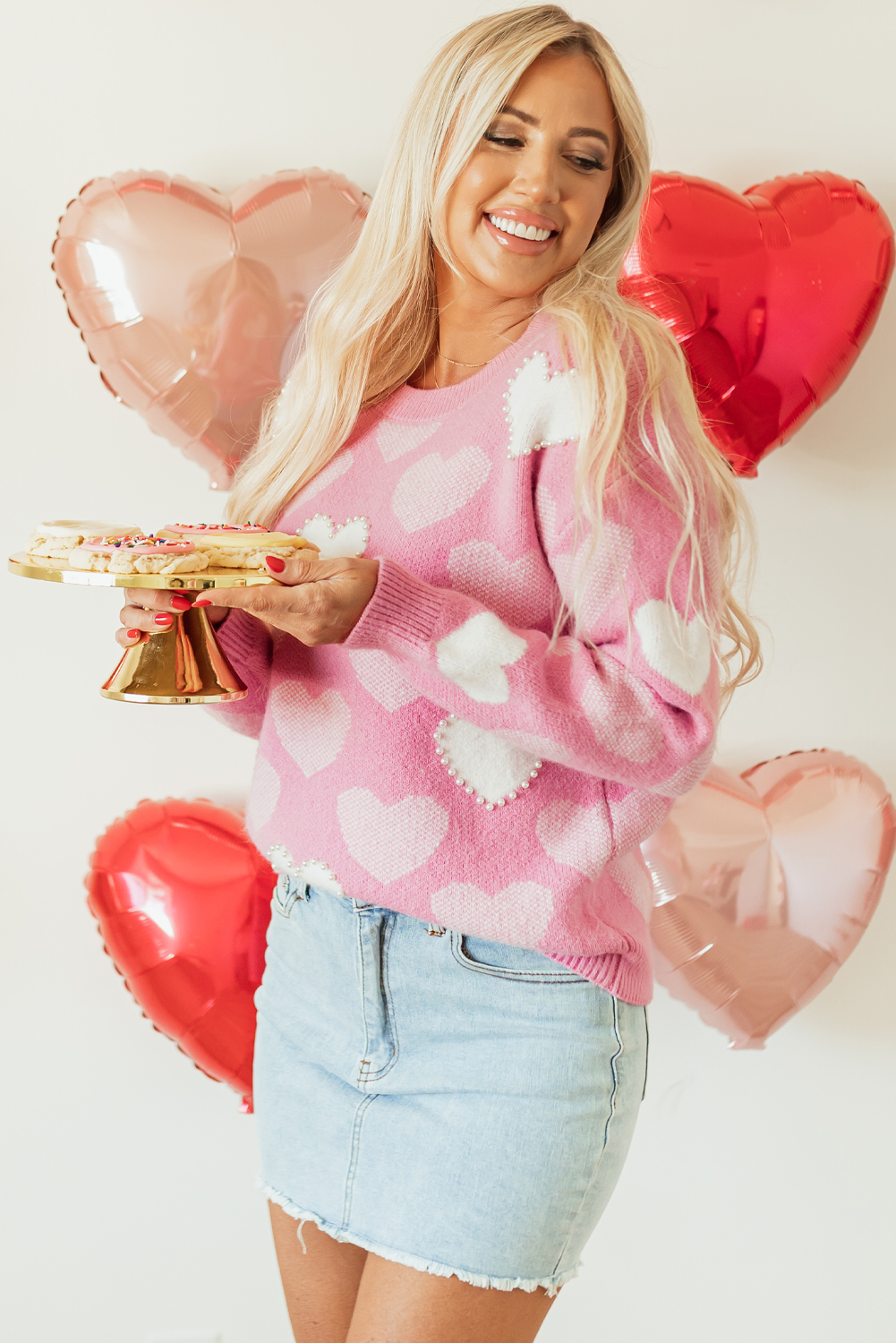 Pink Pearled Heart Print Valentines Crew Neck Sweater - loveforevers