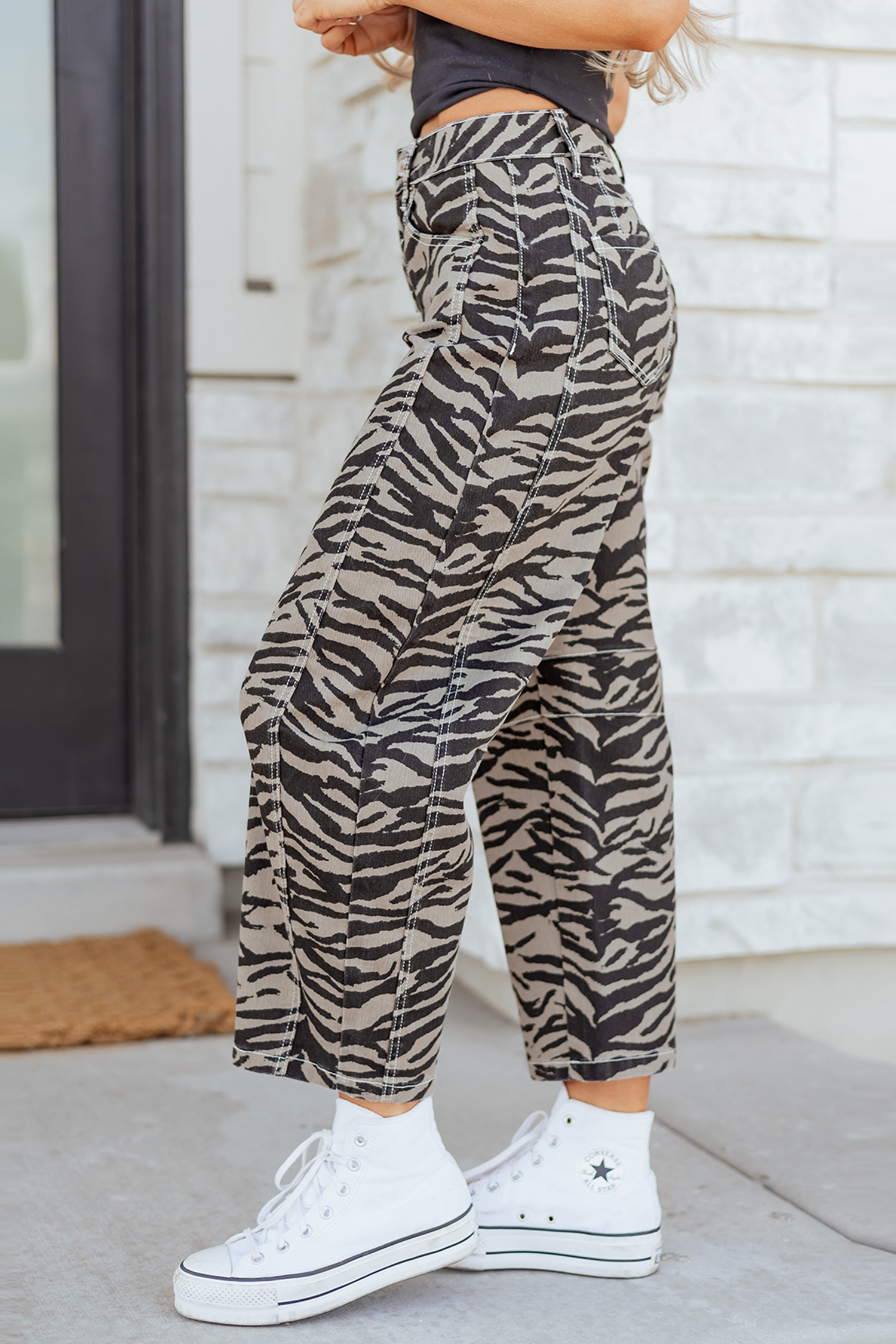 Gray Zebra Stripe Printed Wide Leg Jeans - loveforevers