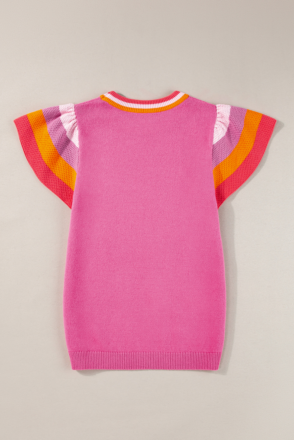 Bright Pink Contrast Flutter Sleeves Knitted Sweater T Shirt - loveforevers
