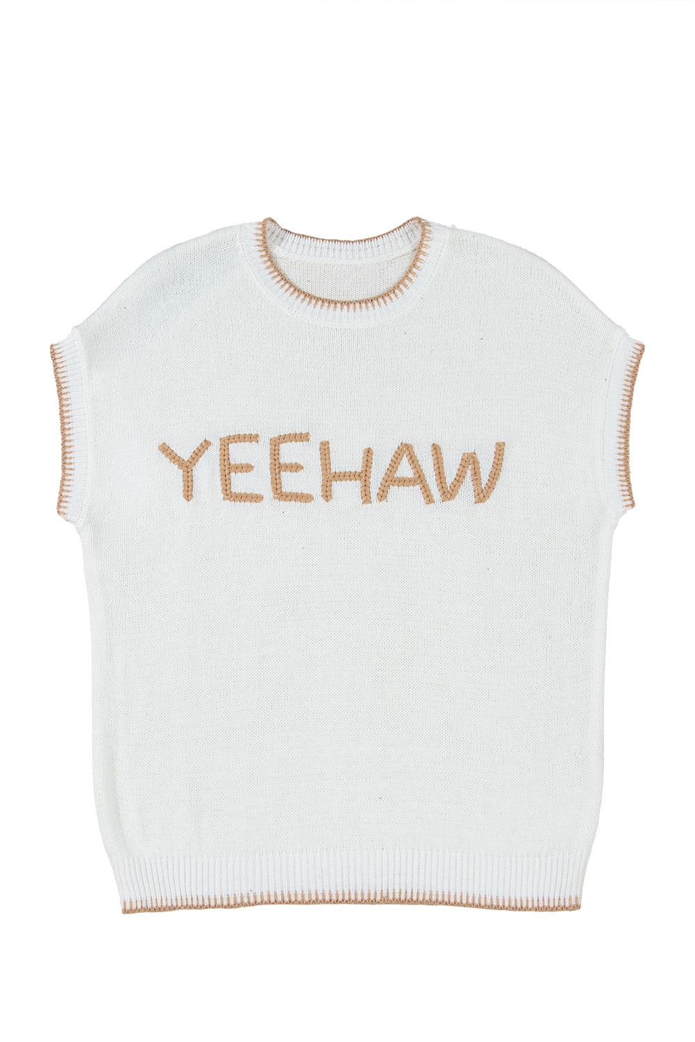 White Knitted YEEHAW Stitch Edge Crew Neck Sweater T Shirt - loveforevers
