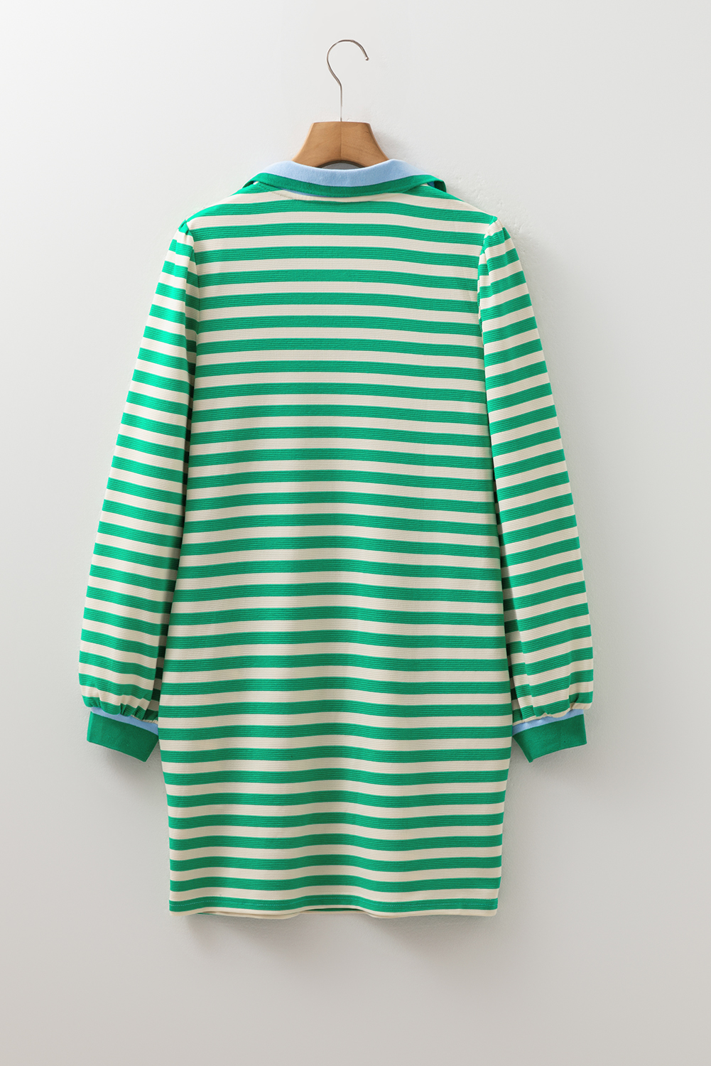 Green Striped Contrast Collar Split Neck Long Sleeve Mini Dress - loveforevers