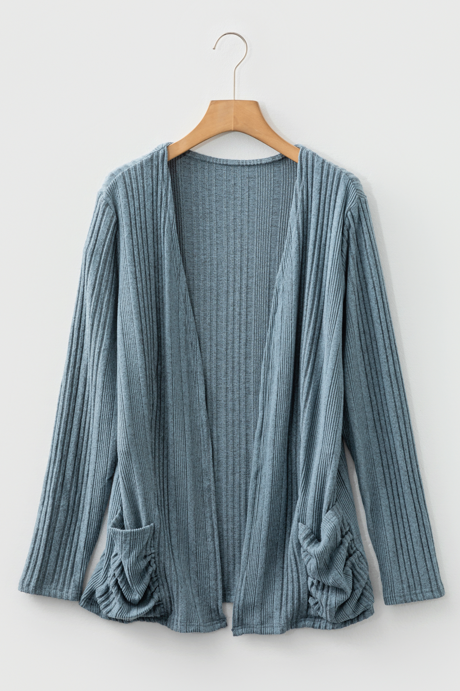 Stone Blue Ribbed Open Front Knitted Top with Pockets - loveforevers