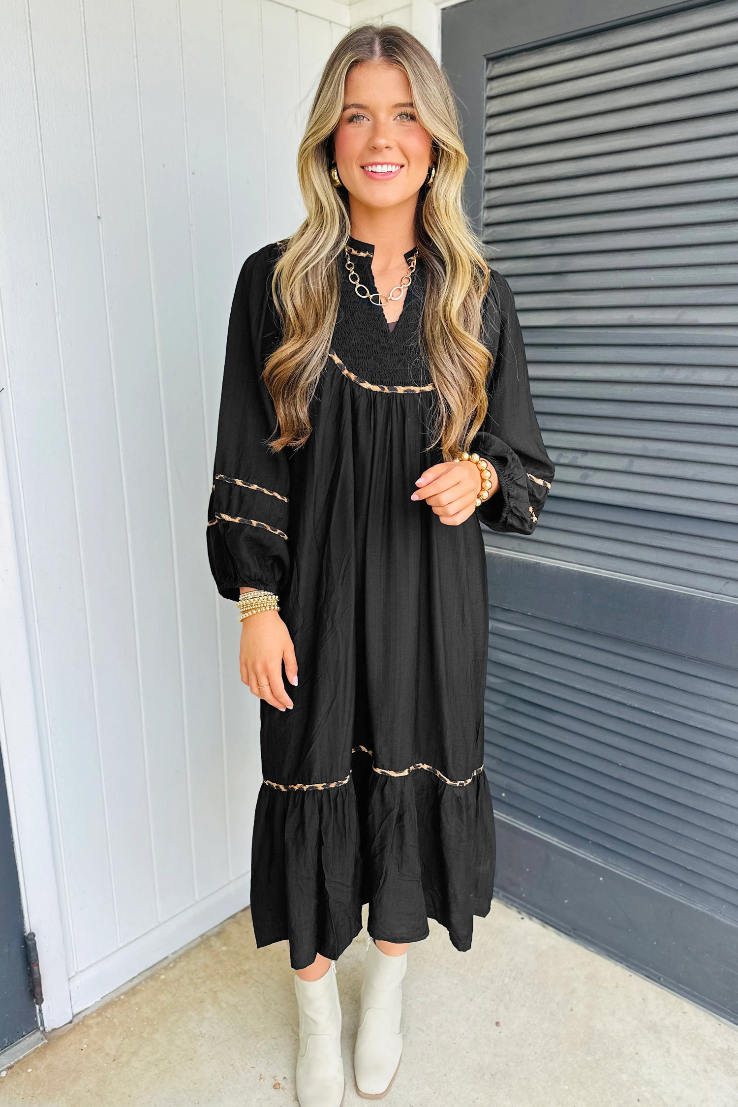 Black Contrast Leopard Trim Split Neck Long Sleeve Casual Midi Dress - loveforevers