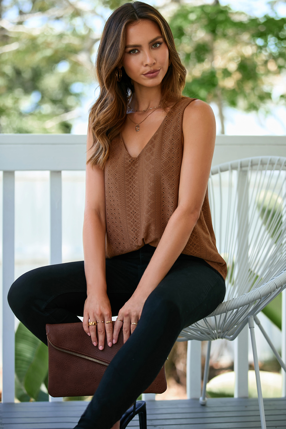 Coffee Eyelet Knit Patterned Loose V Neck Tank Top - loveforevers