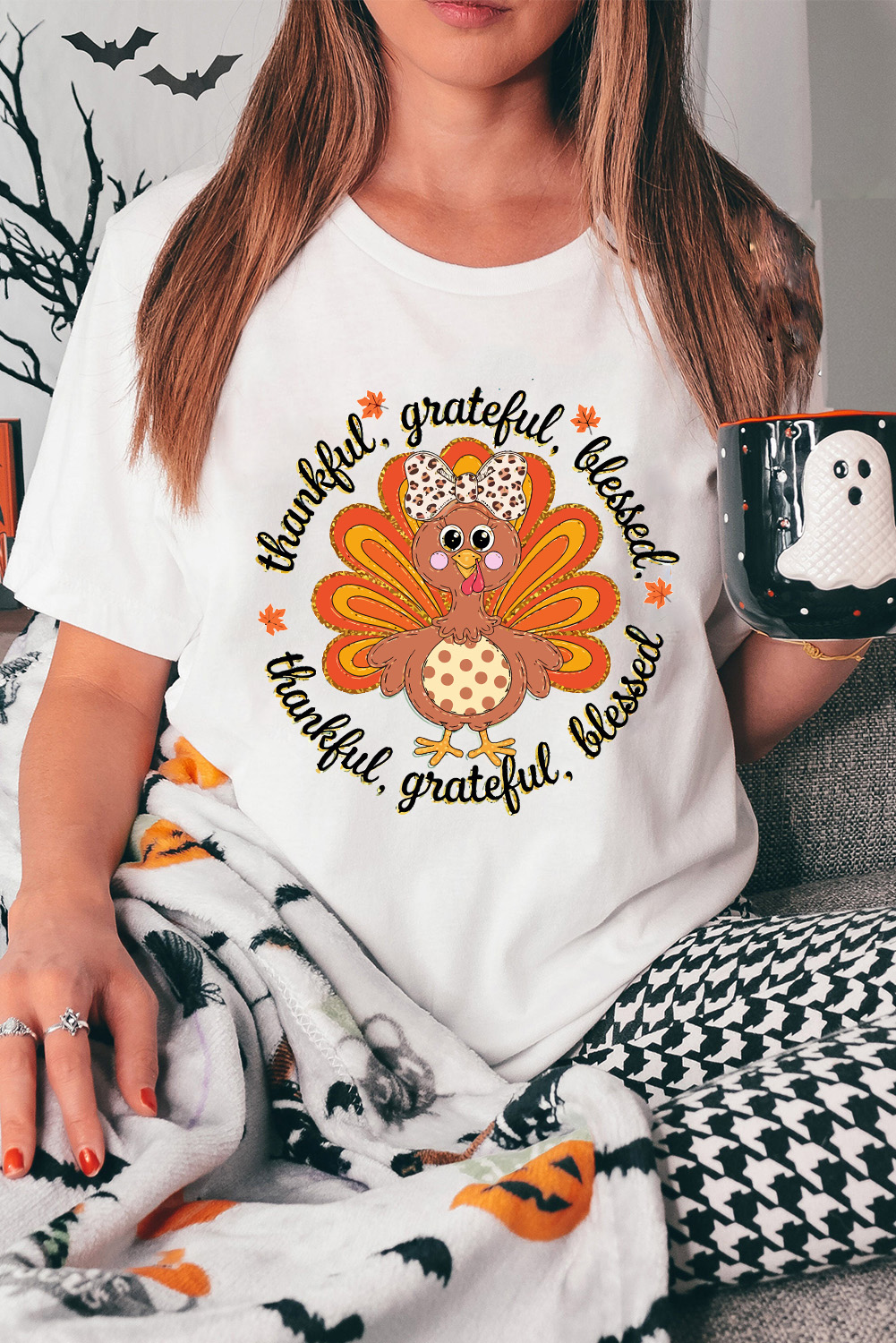 White Thanksgiving Cute Turkey Print Cotton Blend T Shirt - loveforevers