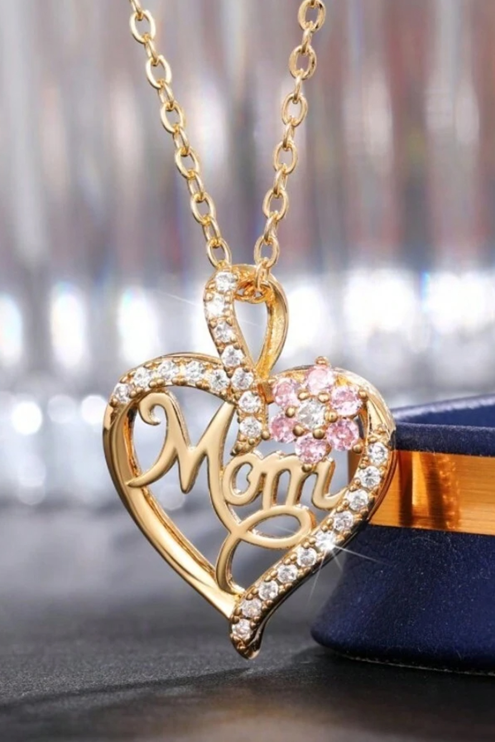 Gold Mom Rhinestone Flower Hollow-out Heart Necklace - loveforevers