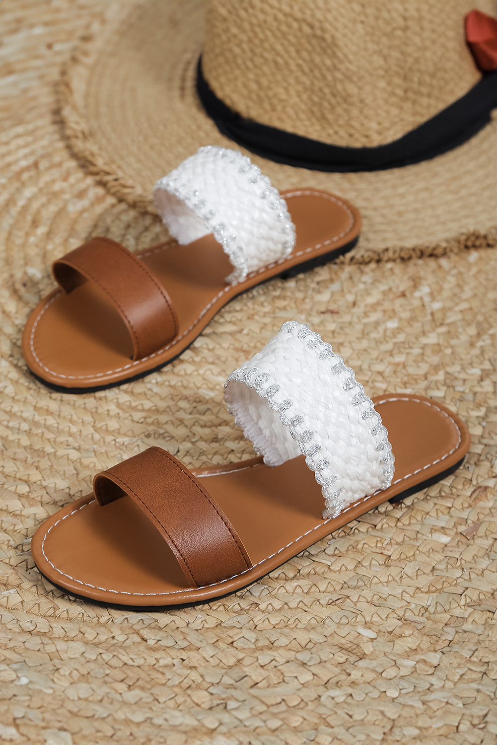Chestnut Faux Leather Woven Strap Flat Slippers - loveforevers