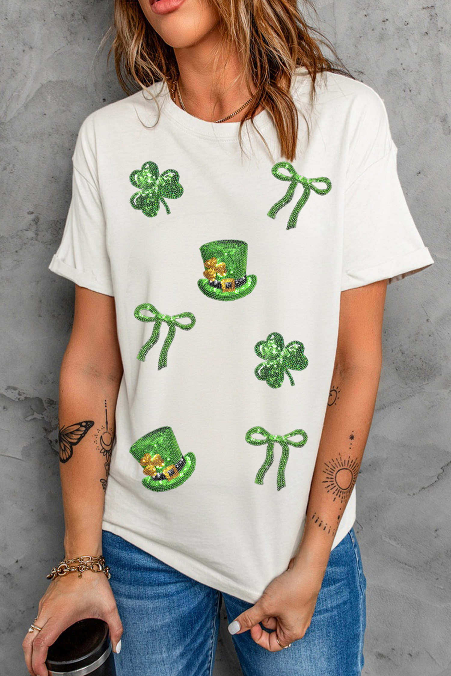 White Coquette St Patricks Day Sequin Graphic T Shirt - loveforevers