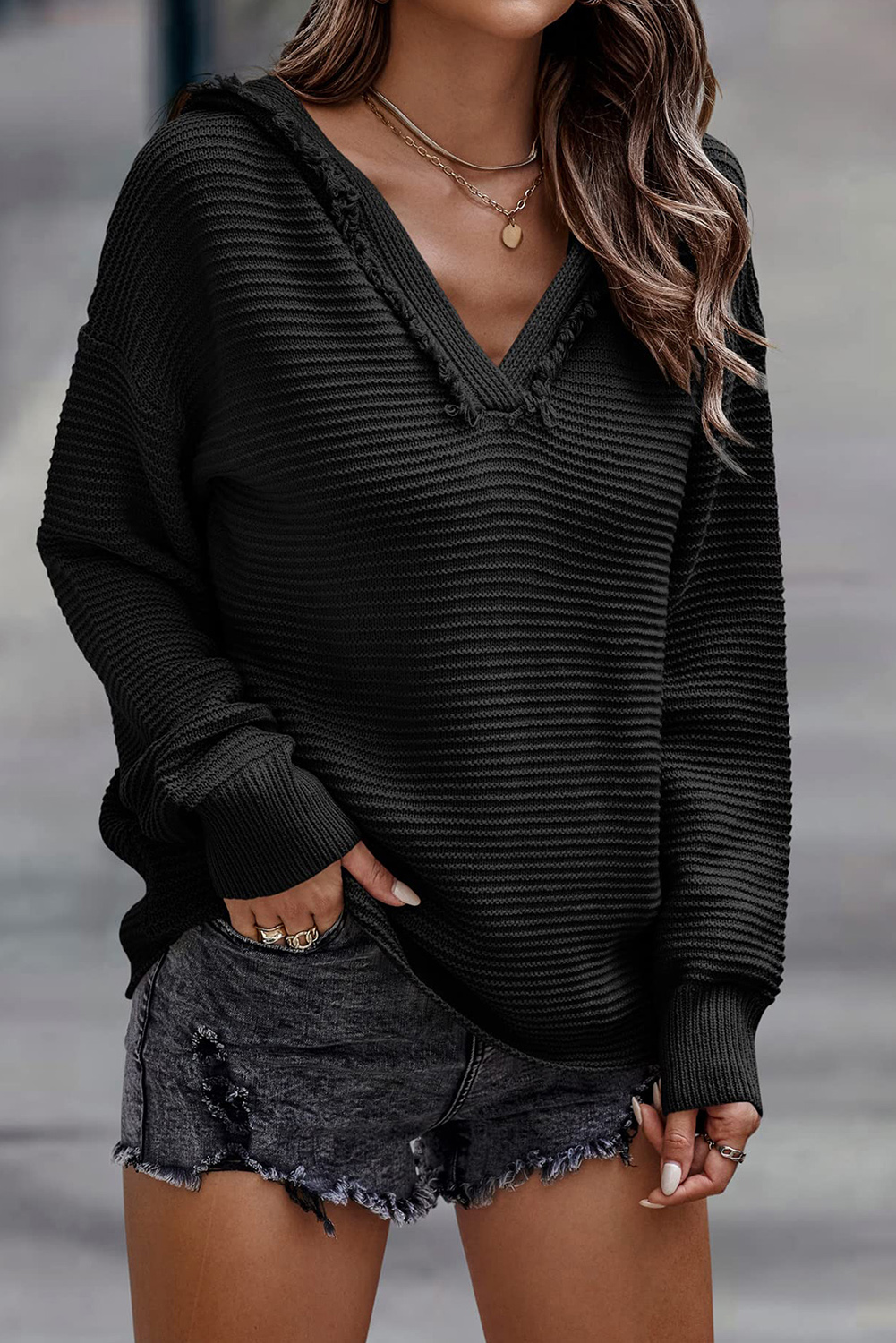V Neck Ribbed Drop Shoulder Hooded Sweater - loveforevers