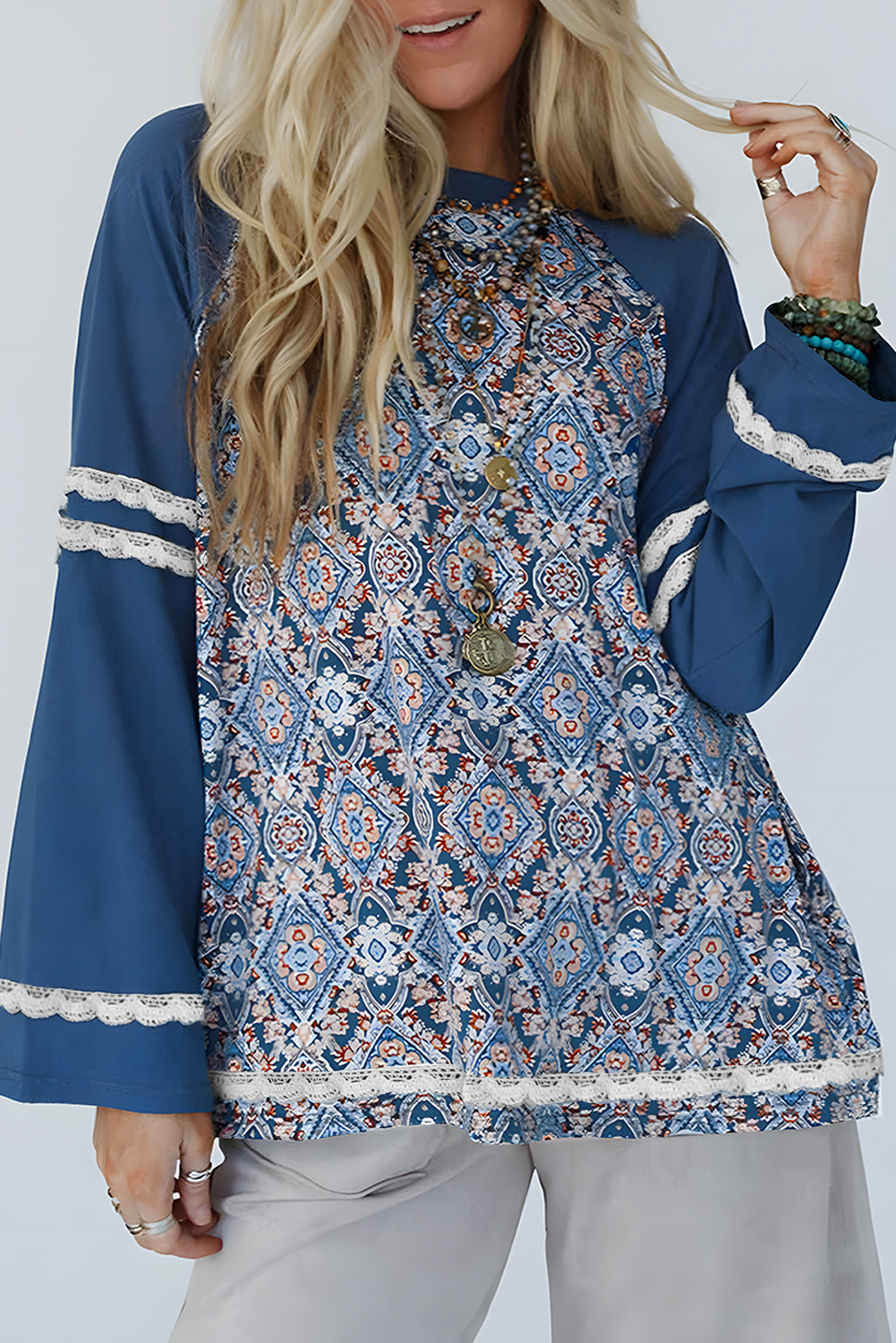 Blue Geometric Printed Lace Patchwork Ric Rac Raglan Long Sleeve Top - loveforevers