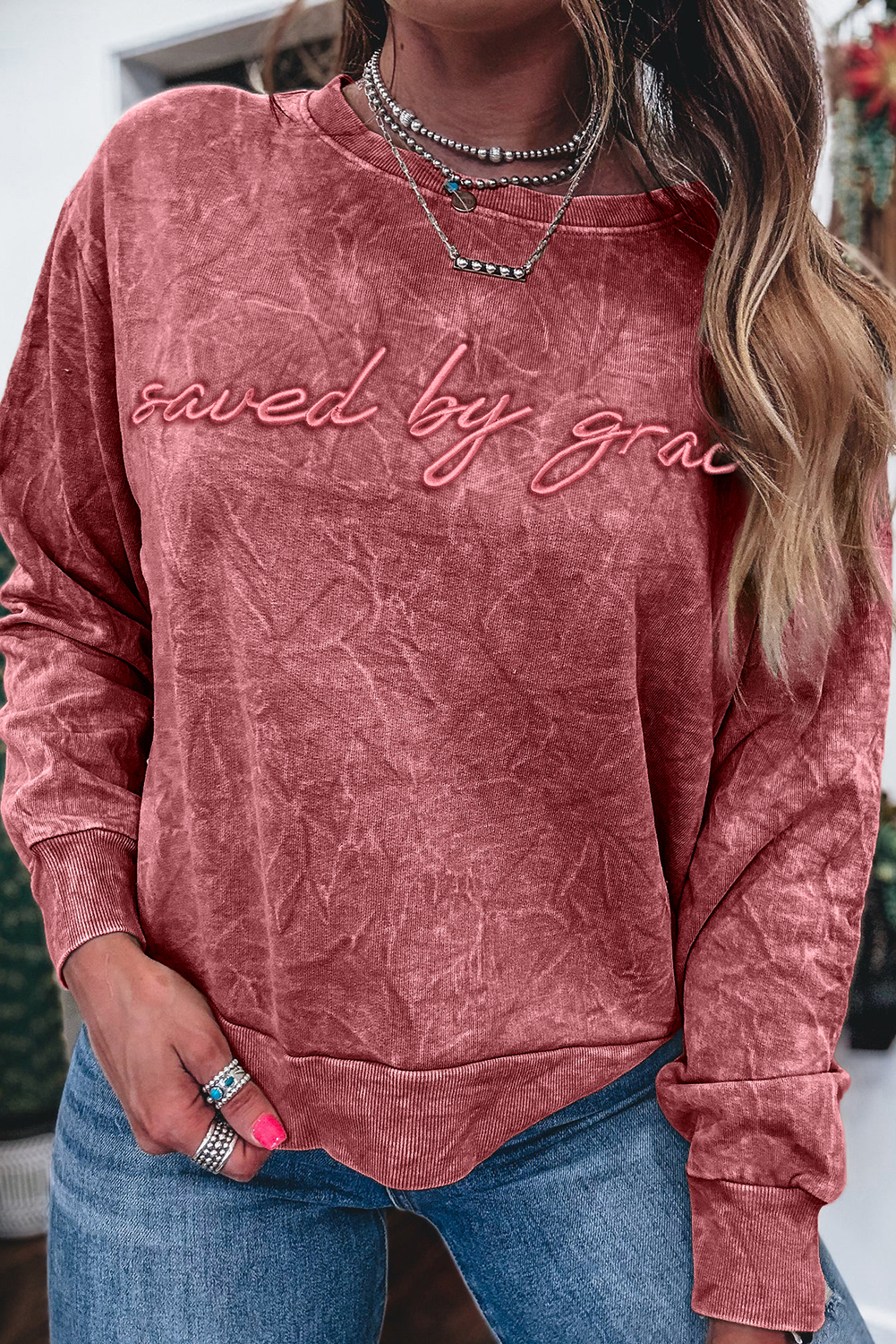 DUNE saved by grace Letter Embroidery Mineral Wash Loose Sweatshirt - loveforevers
