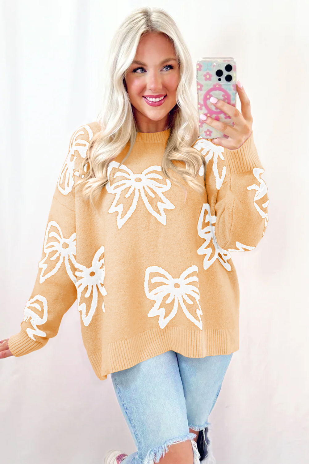 Golden Fleece Bow Pattern Drop Shoulder Loose Sweater - loveforevers