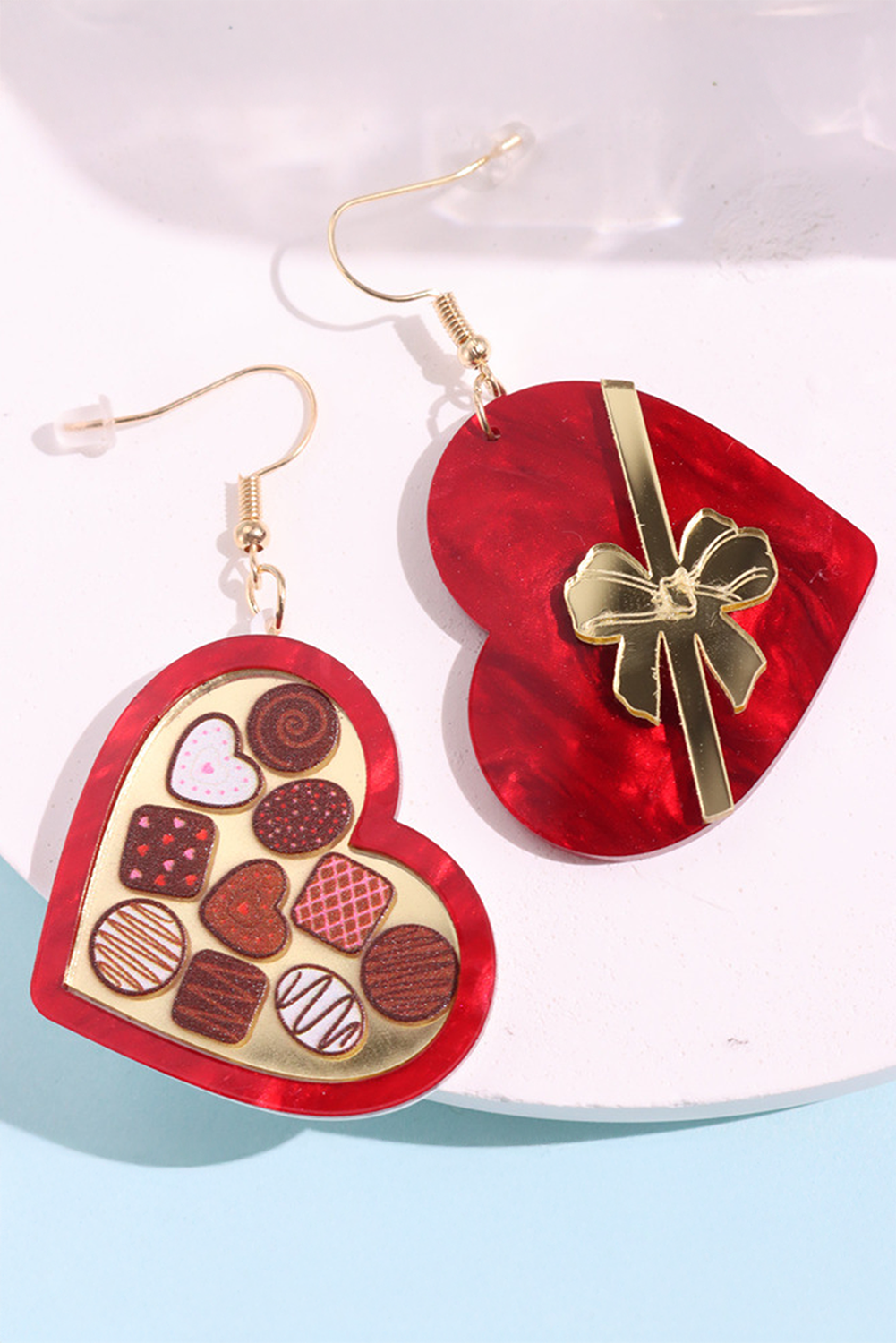 Fiery Red Box of Chocolate Heart Shape Dangle Earrings - loveforevers