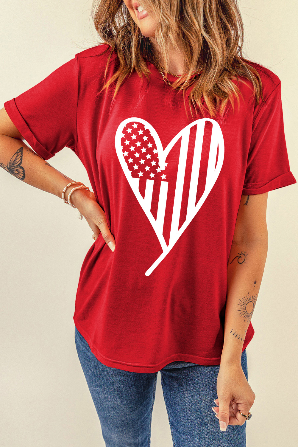 Red USA Flag Heart Shape Crewneck Graphic T Shirt - loveforevers