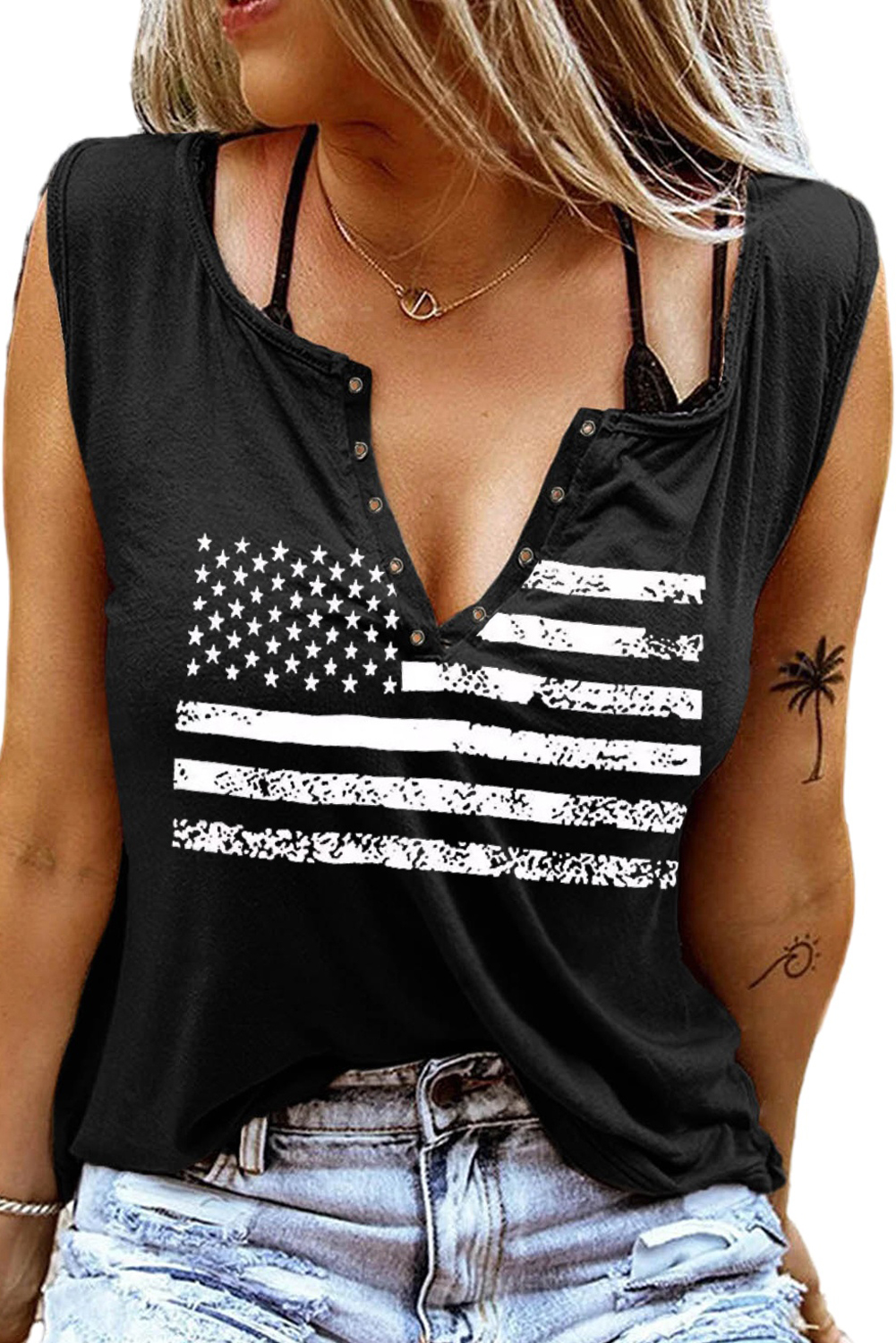 Black American Flag Print Split V Neck Sleeveless Top - loveforevers