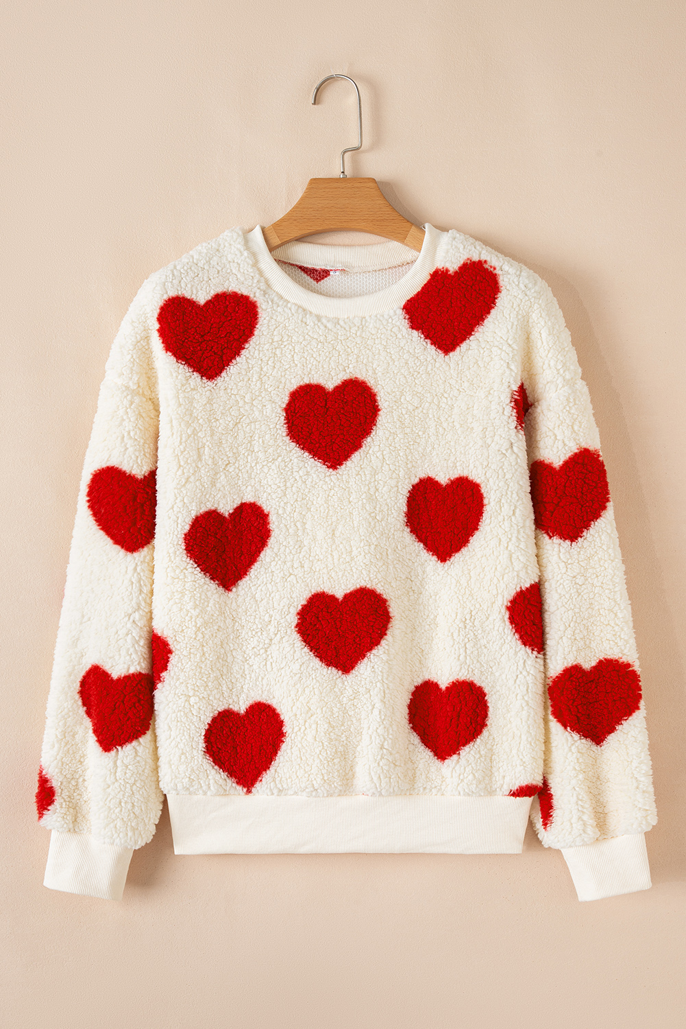 Fiery Red Heart Shape Drop Shoulder Crewneck Plush Sweatshirt - loveforevers