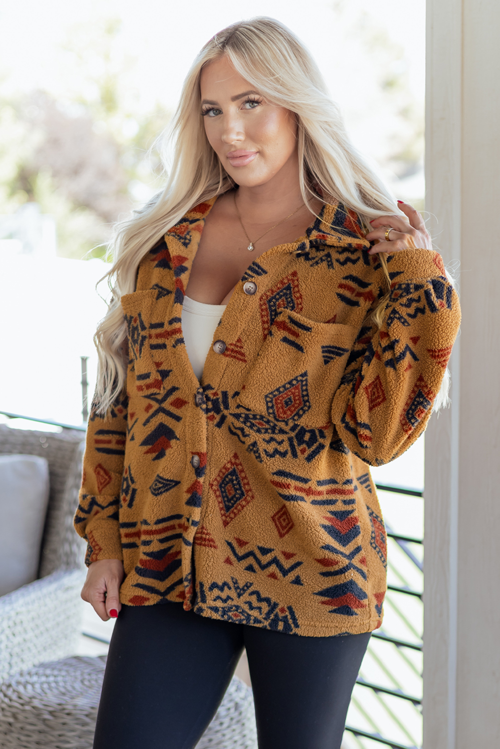 Khaki Western Aztec Pattern Fleece Shacket - loveforevers