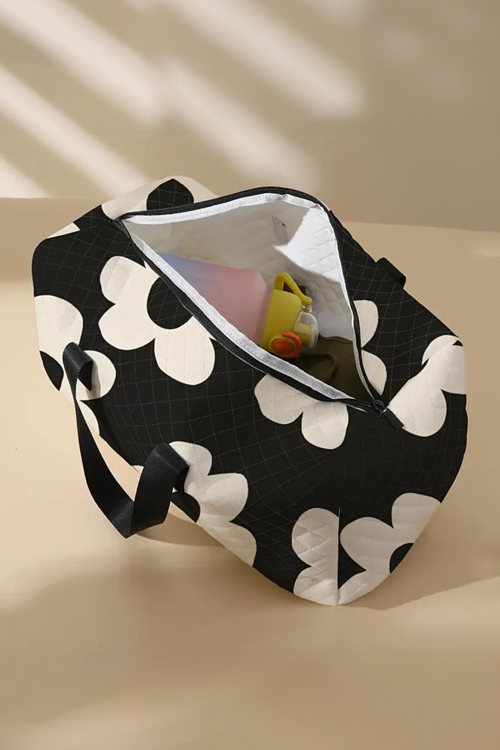 Black Flower Print Quilted Large Duffel Bag - loveforevers