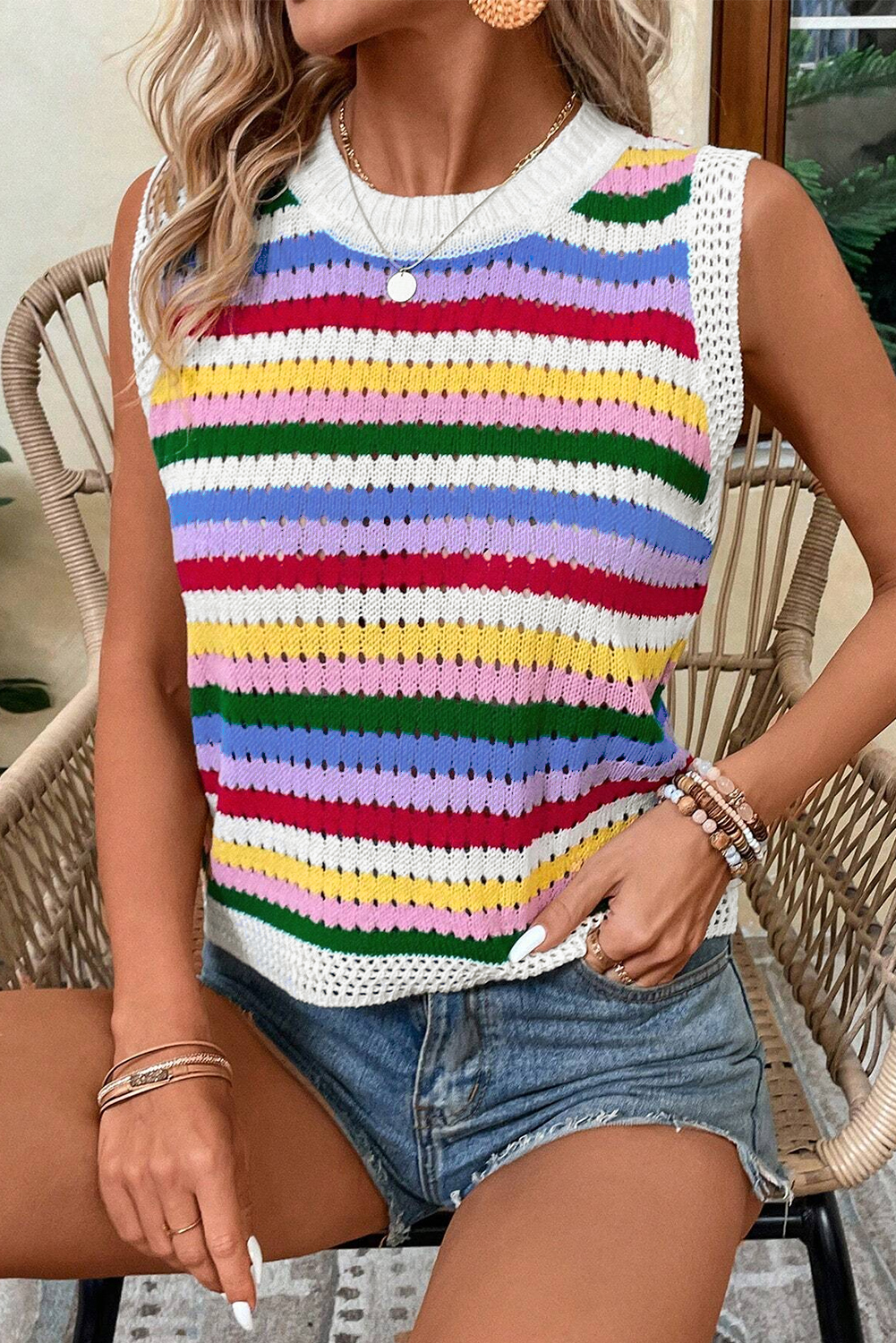 Multicolour Striped Knitted Eyelet Slim Sweater Vest - loveforevers