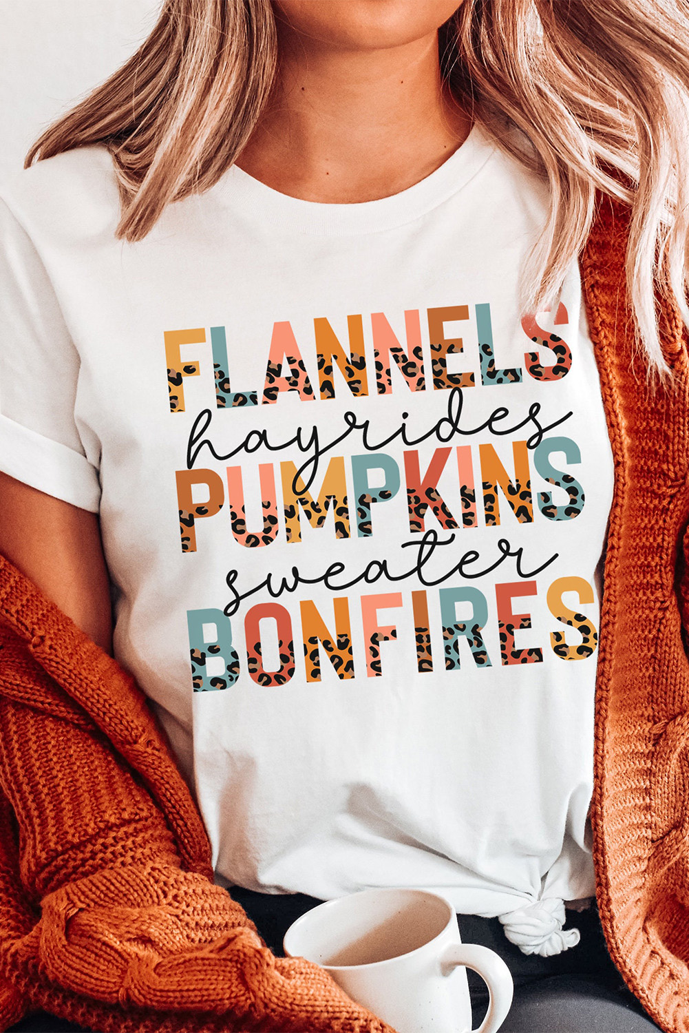 White FLANNELS PUMPKINS BONFIRES Chic Letter Graphic Tee - loveforevers