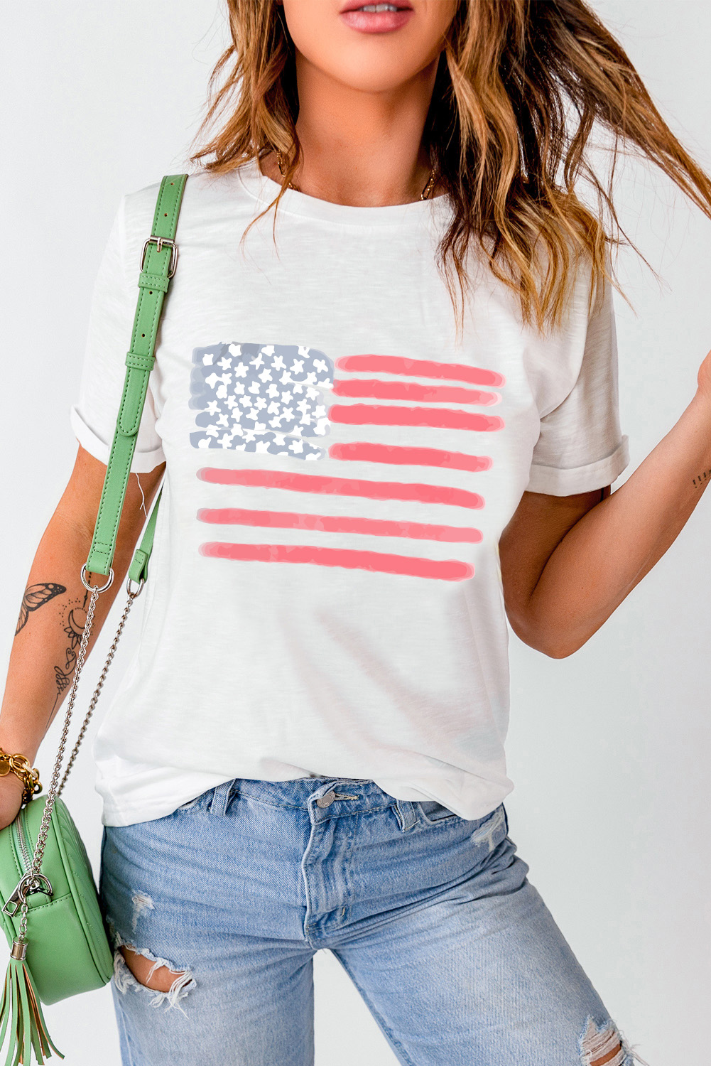 White American Flag Pattern Crew Neck Short Sleeve Tee - loveforevers