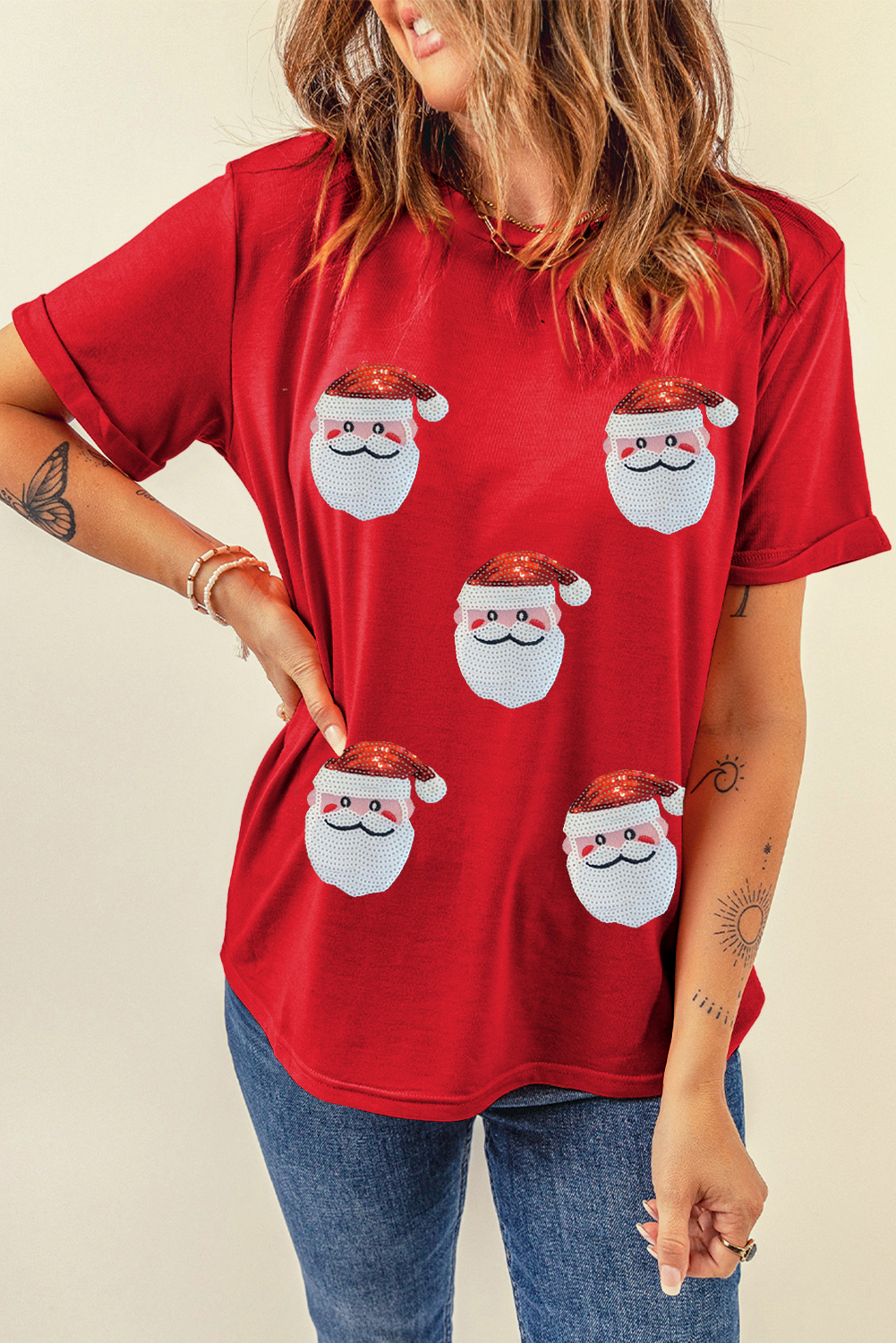 Black Faux Sequin Christmas Claus Pattern Crewneck T Shirt - loveforevers
