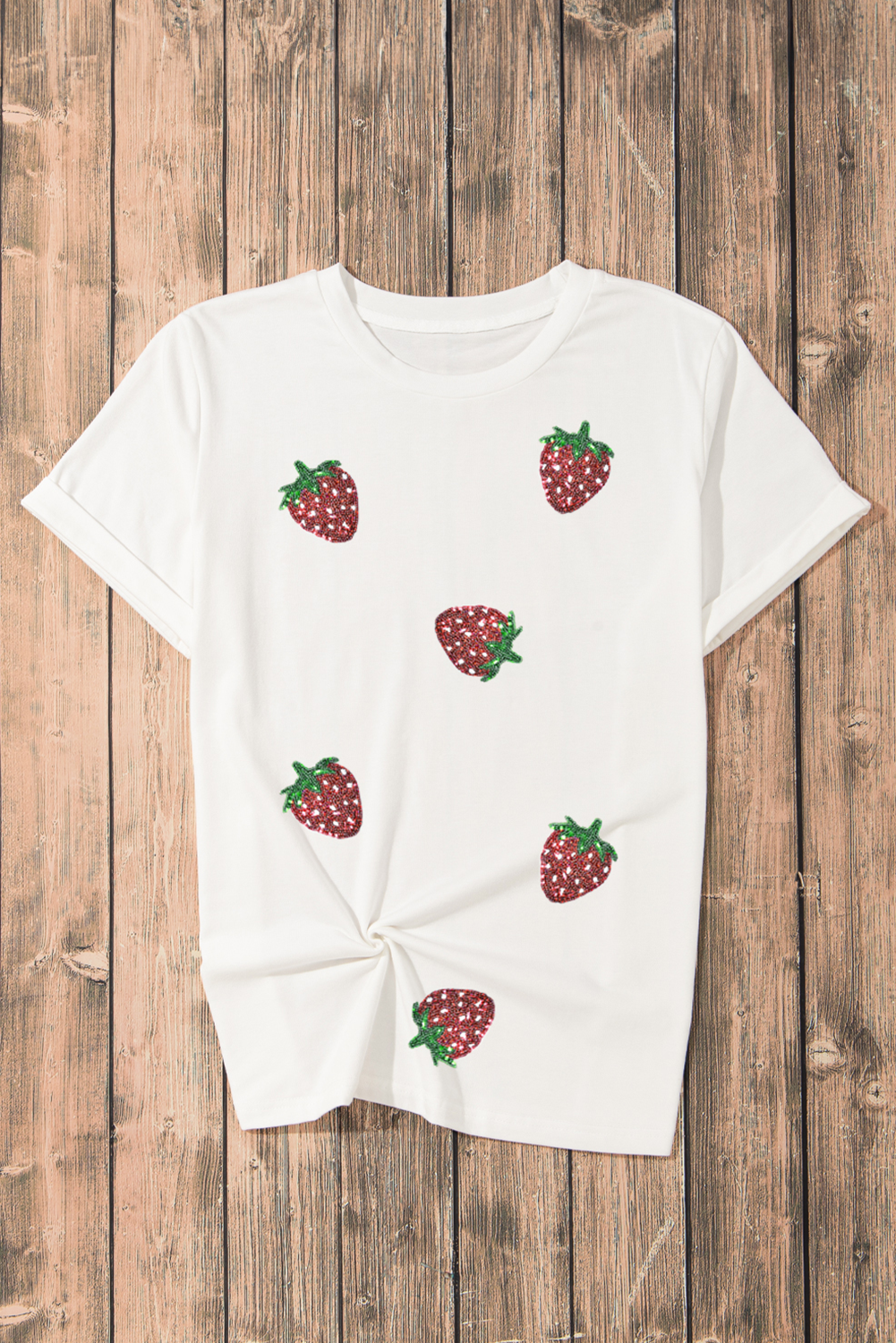 White Sequin Bow Strawberry Graphic Crew Neck T Shirt - loveforevers