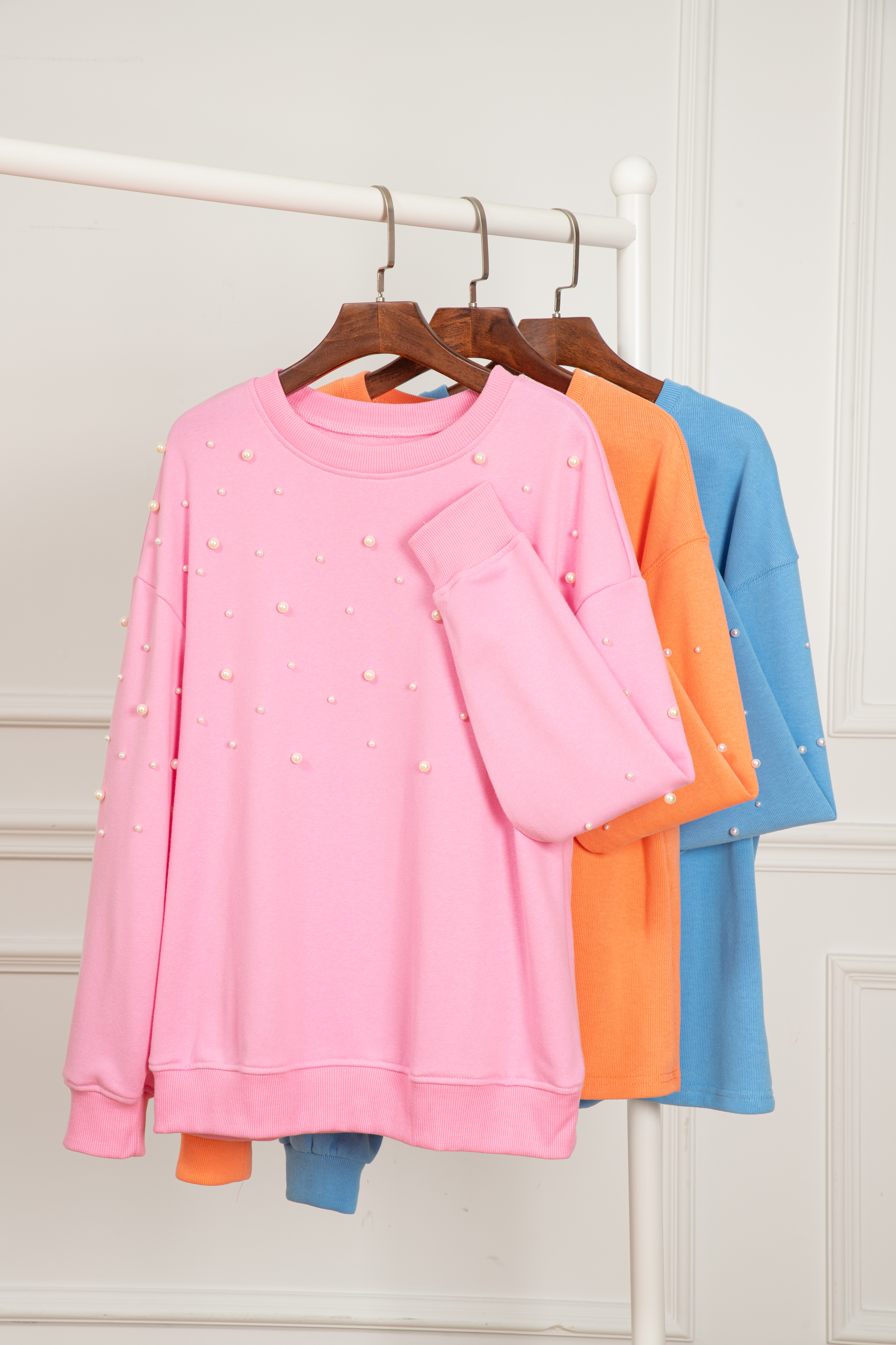 Myosotis Pearled Sleeves Drop Shoulder Round Neck Pullover Sweatshirt - loveforevers