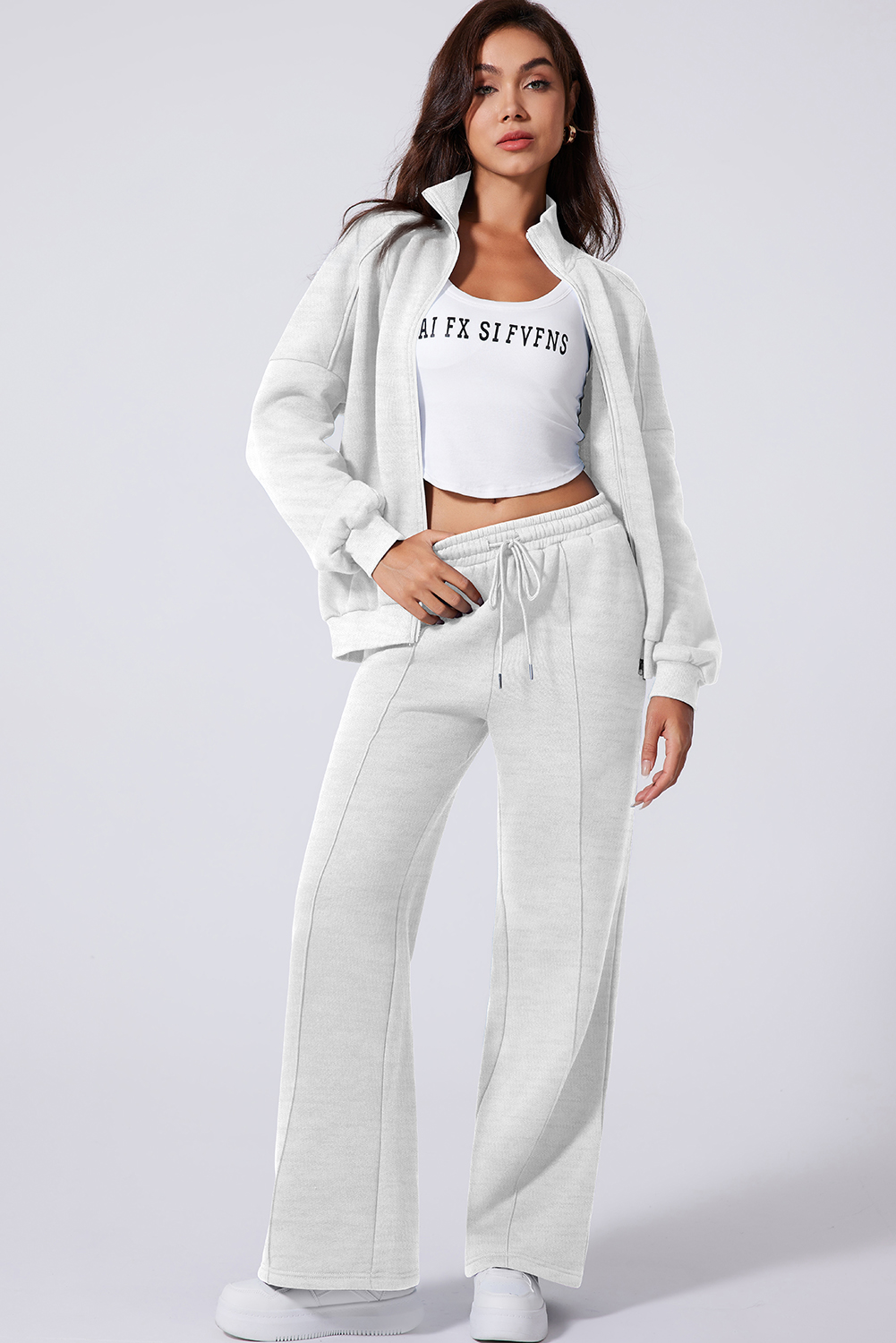 Navy Blue Drop Shoulder Zip Up Jacket Drawstring Pants Active 2pcs Set - loveforevers